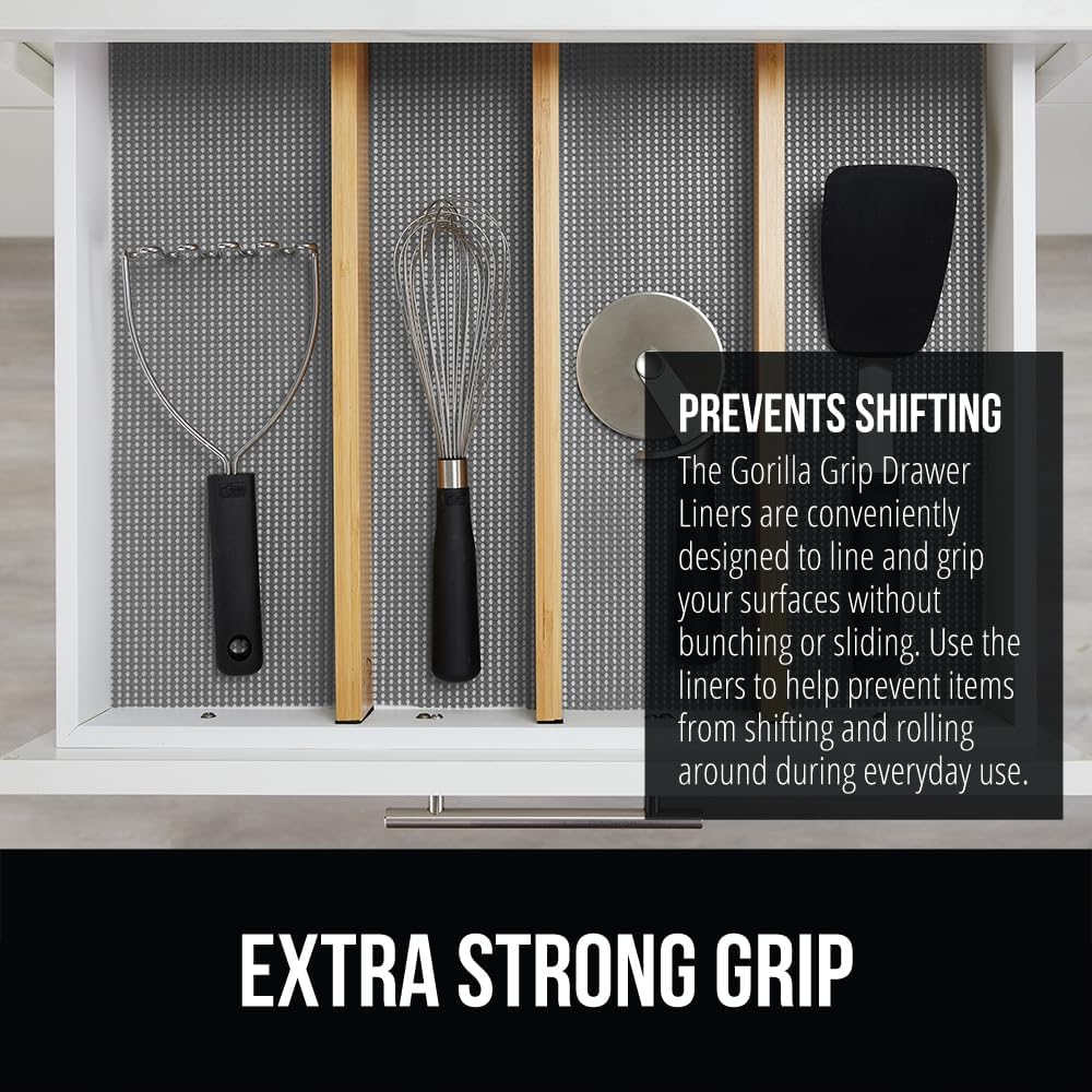 GORILLA GRIP powerGRIP Drawer Shelf and Cabinet Liner, Thick Strong Hold, Non-Adhesive Liners Protect Kitchen Cabinets and Cupboard, Bathroom Drawers, Easy Install, Breathable Mat, 17.5" x20', Gray