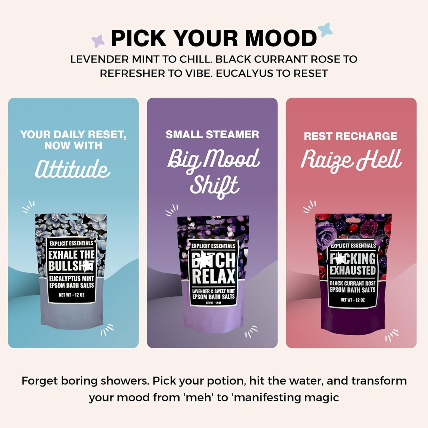 Explicit Essentials Bath Salts Gift Set | 3 Relaxing Epsom Salt Bath Soaks | Aromatherapy Epsom Salt Variety Pack for Stress Relief, Muscle Recovery & Self-Care Gifts