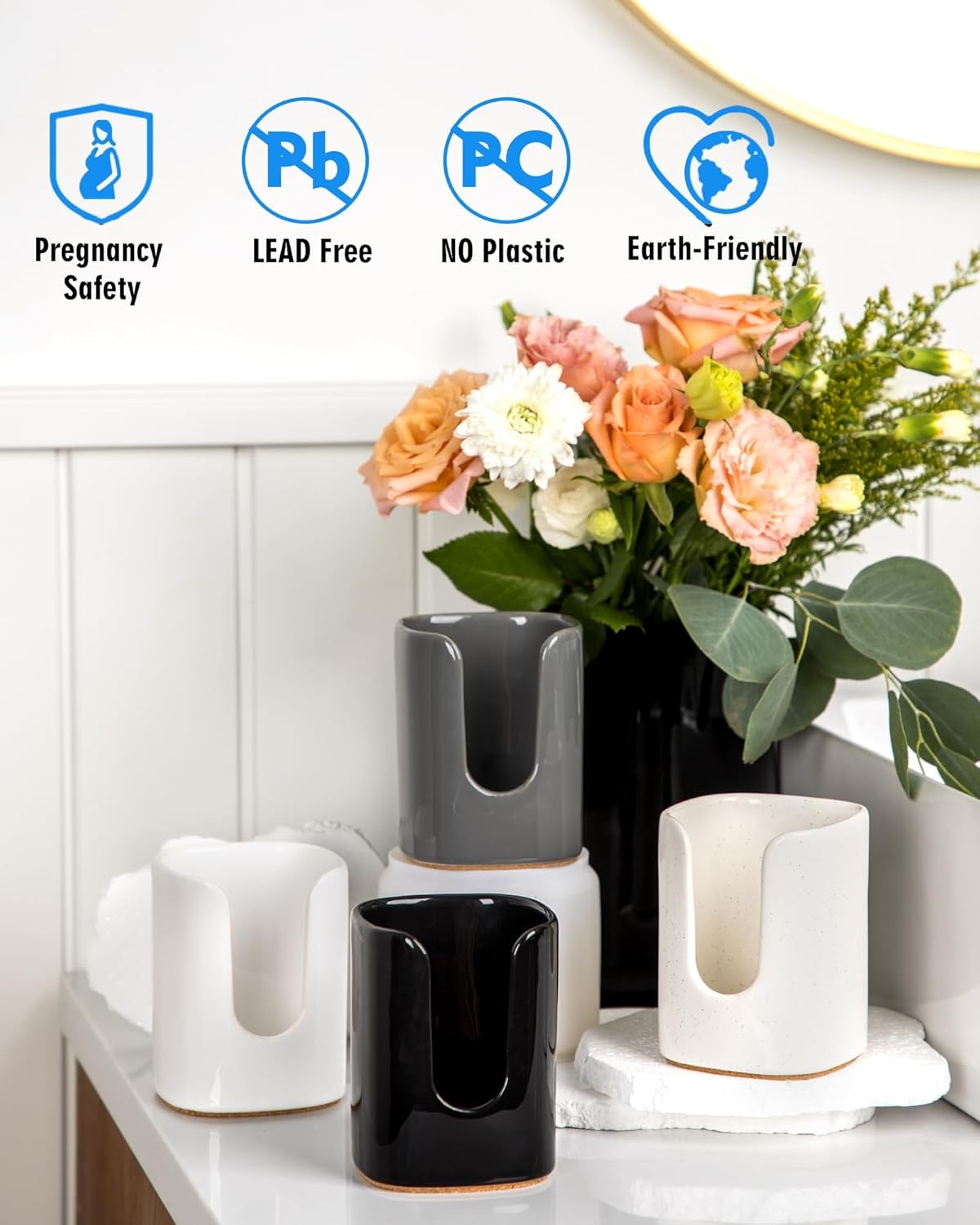 5 oz Square Ceramic Bathroom Cup Dispenser for Kids and Pregnancy - Disposable Paper Cup Holder for Mouthwash Cups on Bathroom Vanity Countertop (Black-1, 1 Pack)