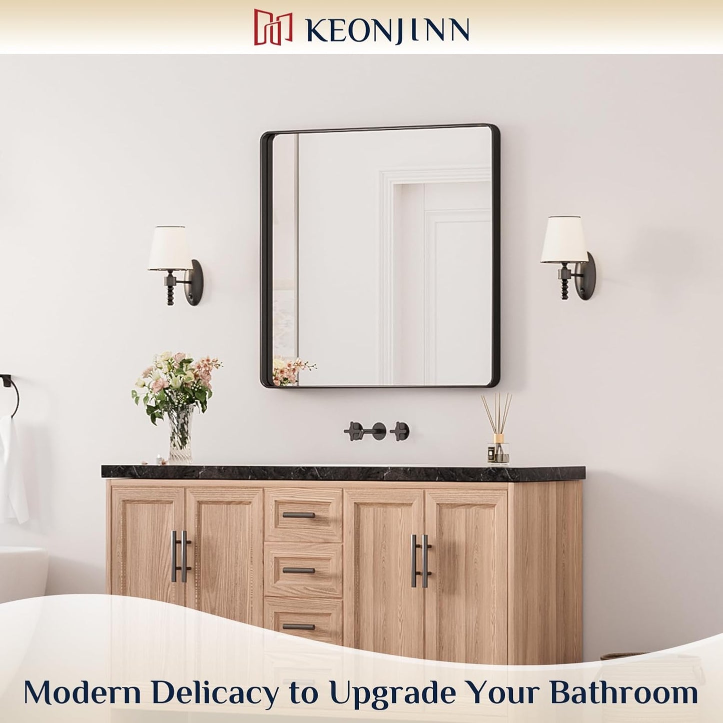 Keonjinn Black Bathroom Mirror for Over Sink, 30 x 30 Inch Rounded Rectangle Bathroom Vanity Mirror for Wall, Matte Black Farmhouse Mirror with Seamless Frame, HD Tempered Glass(Horizontal/Vertical)