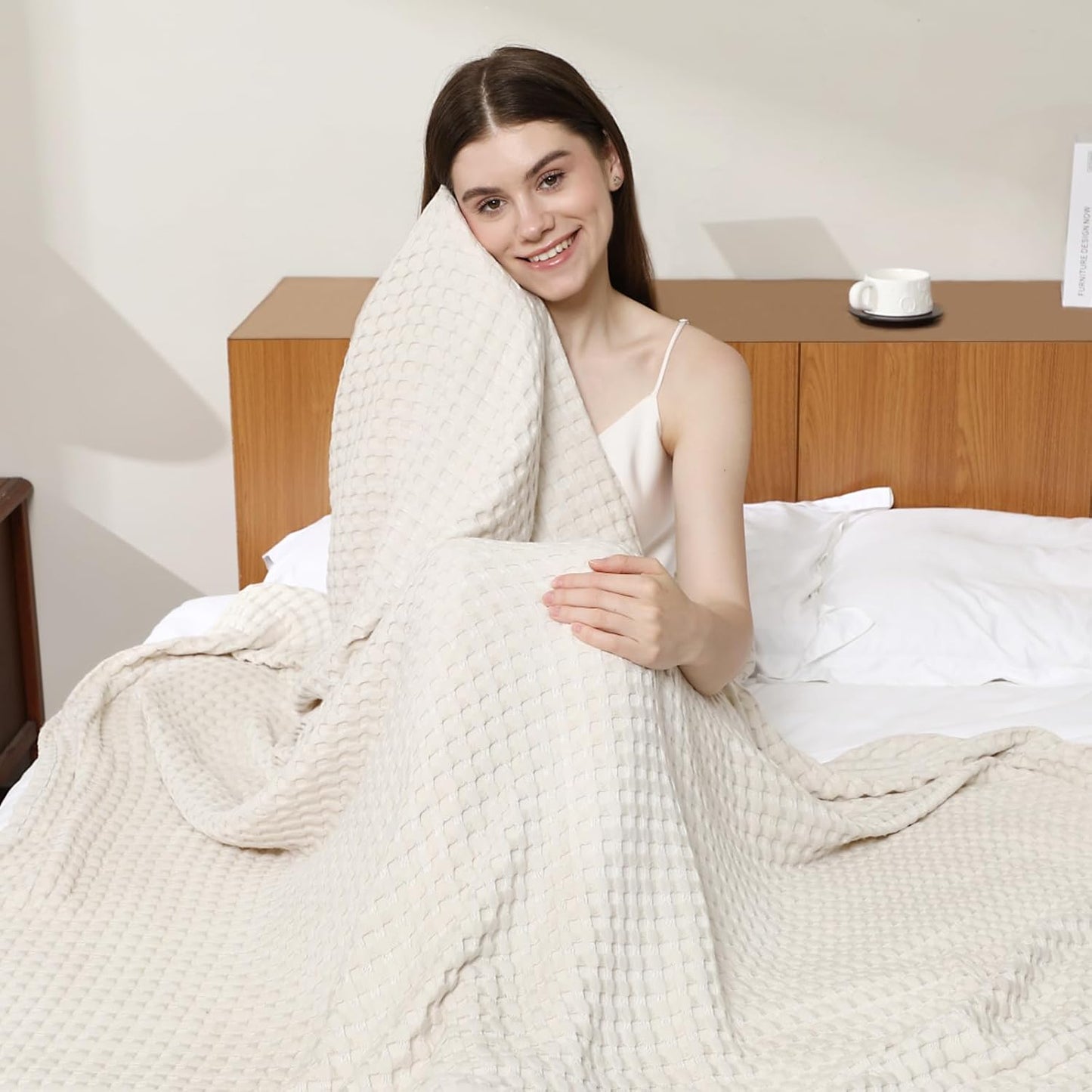 Aganear Waffle Blanket - Lightweight Breathable Summer Blanket of 50% Cotton and 50% Rayon Derived from Bamboo for Hot Sleepers Luxury Throws for Bed, Couch and Sofa,Beige,66x90 Inches