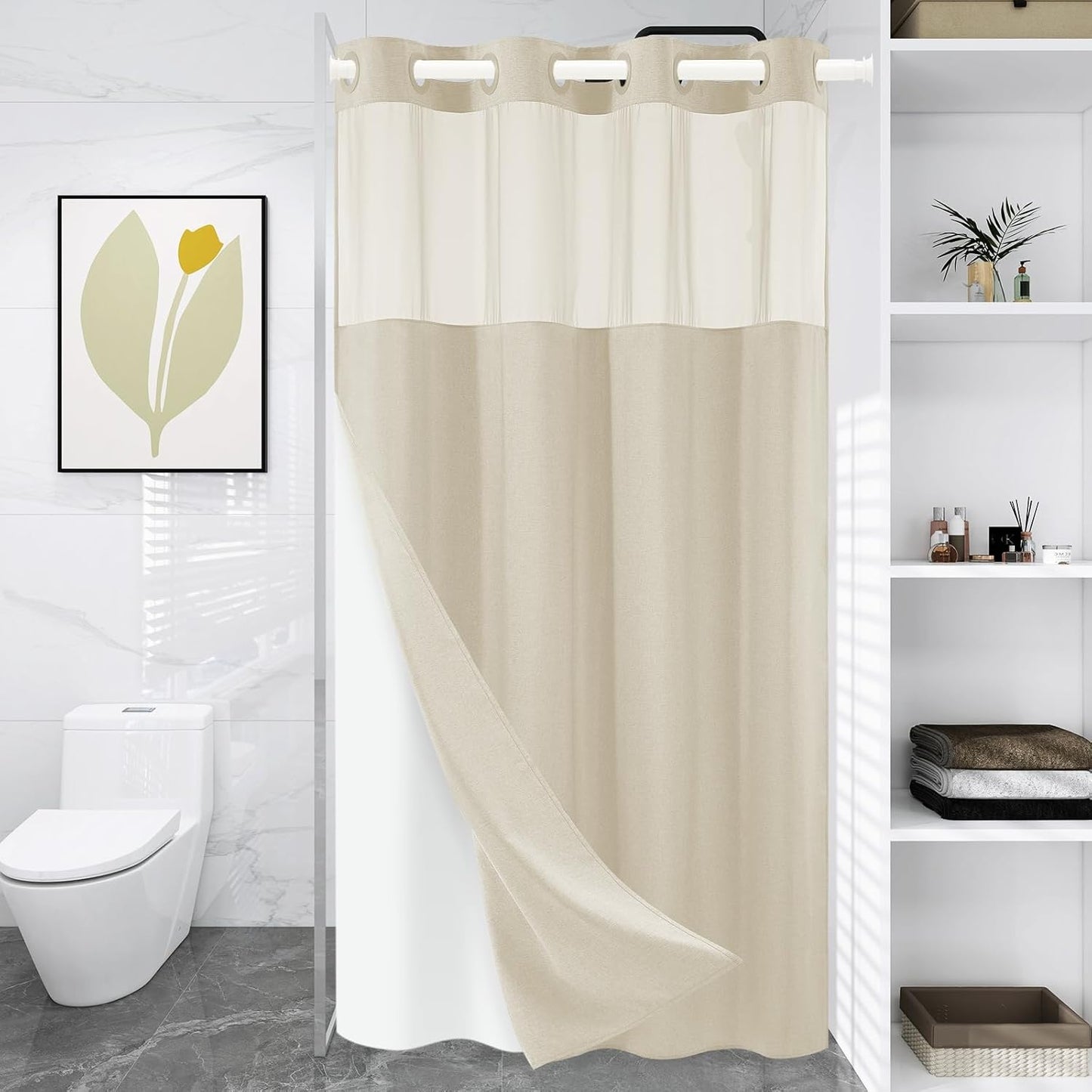 Stall No Hook Shower Curtain with Snap in Liner, Polyester Textured Shower Curtain with Liner Set, Waterproof Washable Hotel Style Shower Curtains for Bathroom, 36Wx74H, Cream
