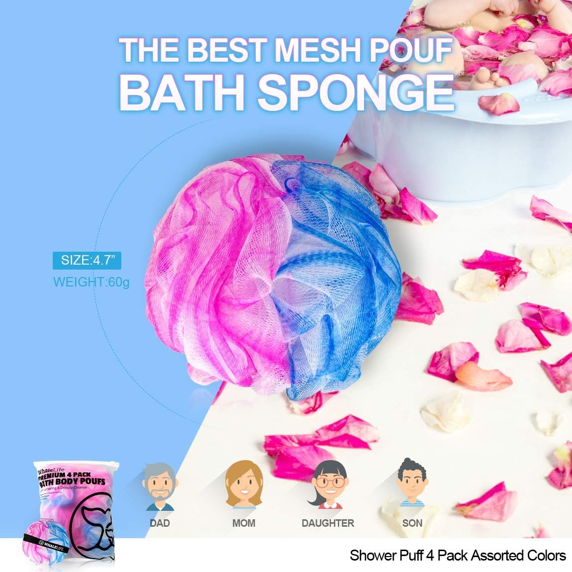 Loofah Sponge Bath Sponge for Women Men 4 Pack (Blue Pink Conbine)