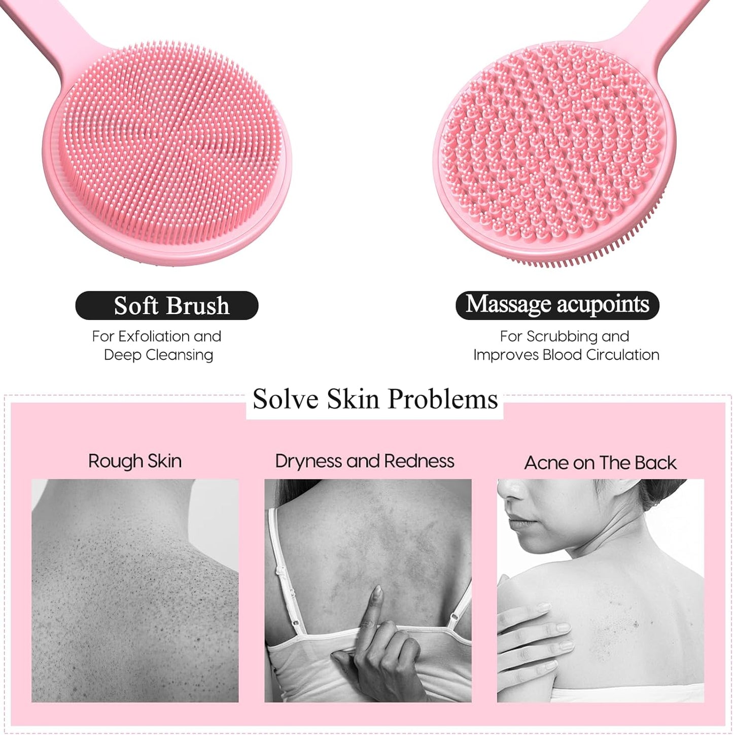 Silicone Back Scrubber for Shower, 17in Lengthen Long Handle Body Brush, Double Sided Shower Brush for Shower Exfoliating and Massage Can Produce Rich Foam, Long Handle Back Scrubber for Men