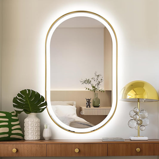 40"x24" Oval LED Bathroom Mirror with Lights, Gold Anti Fog Lighted Vanity Mirror Wall Mounted, Stepless Dimmable LED Oval Mirror, Memory, ShatterProof, Front/Backlit, Horizontal/Vertical