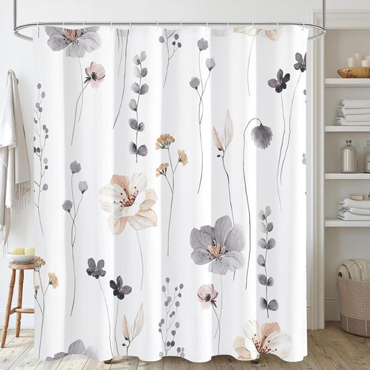 Gibelle Watercolor Floral Shower Curtain 72x72 Inch, Charcoal Grey Beige Flower Modern Minimalist Fabric Bathroom Decorative