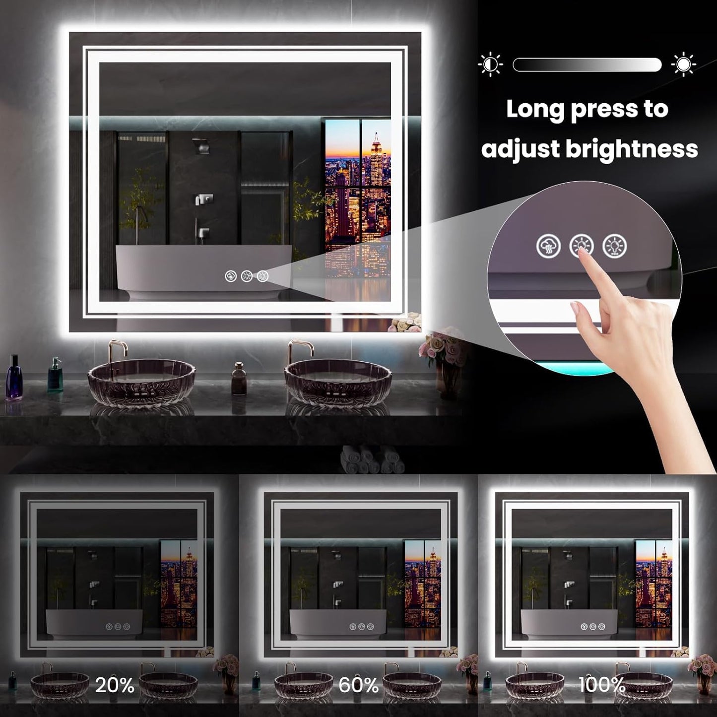 LED Mirror for Bathroom, 55"X36" with 8 RGB Backlit +3 Front Lit (Adjustable Individually), Anti-Fog, Large Lighted Bathroom Vanity Mirror for Wall,Shatterproof,Memory Function,Tempered Glass