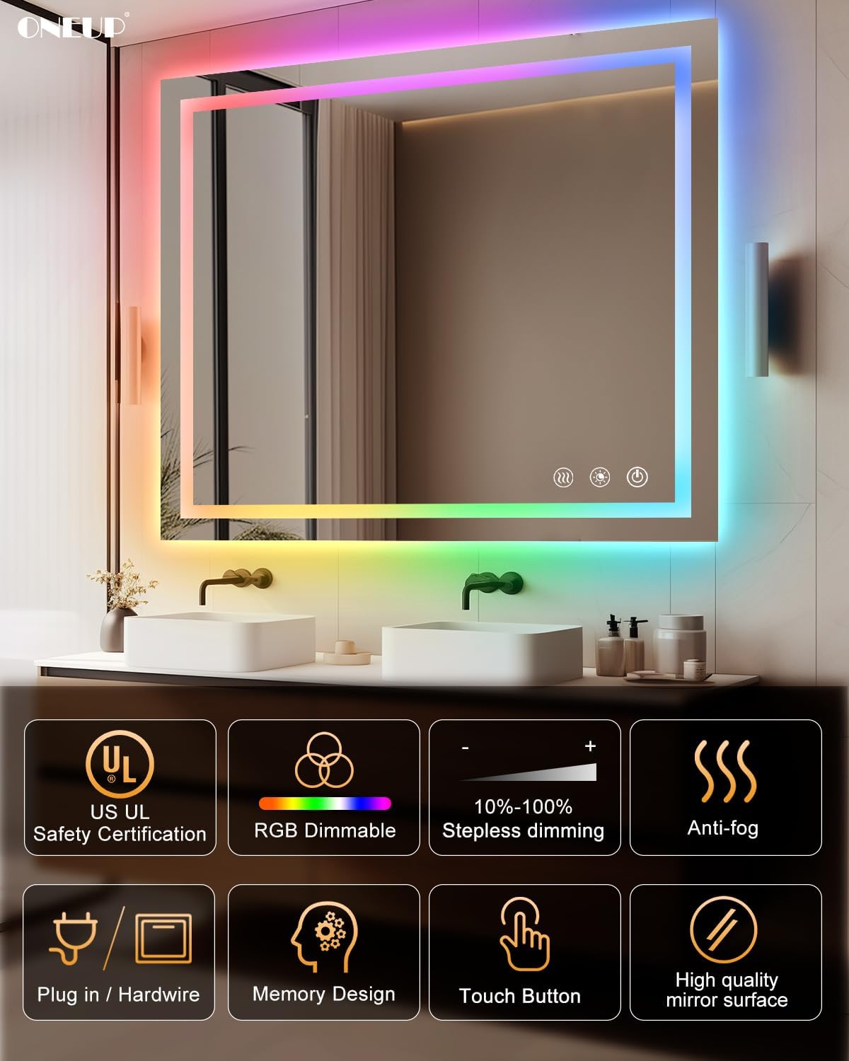 oneup 40x36 Inch Bathroom Mirror with Lights,RGB Color Changing LED Bathroom Mirror,Anti-Fog Wall-Mounted Vanity Mirrors,Smart Dimmable Multicolor Lighted,IP54 Waterproof (Horizontal/Vertical)