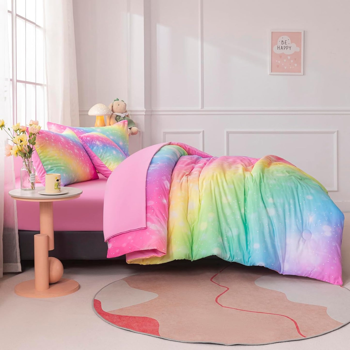 4Pcs Twin Size Comforter Set for Girls Kids, Gradient Rainbow Glitter Girls Bedding Set with Sheets, Soft & Breathable Kids Bed for Gift Bedroom Decor