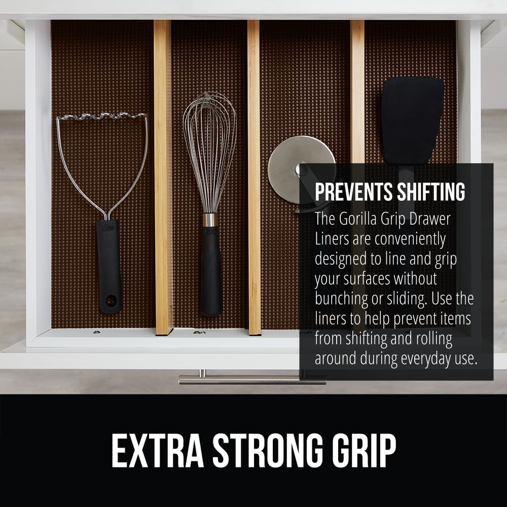 GORILLA GRIP powerGRIP Drawer Shelf and Cabinet Liner, Thick Strong Hold, Non-Adhesive Liners Protect Kitchen Cabinets and Cupboard, Bathroom Drawers, Easy Install, Breathable Mat, 17.5" x10', Brown
