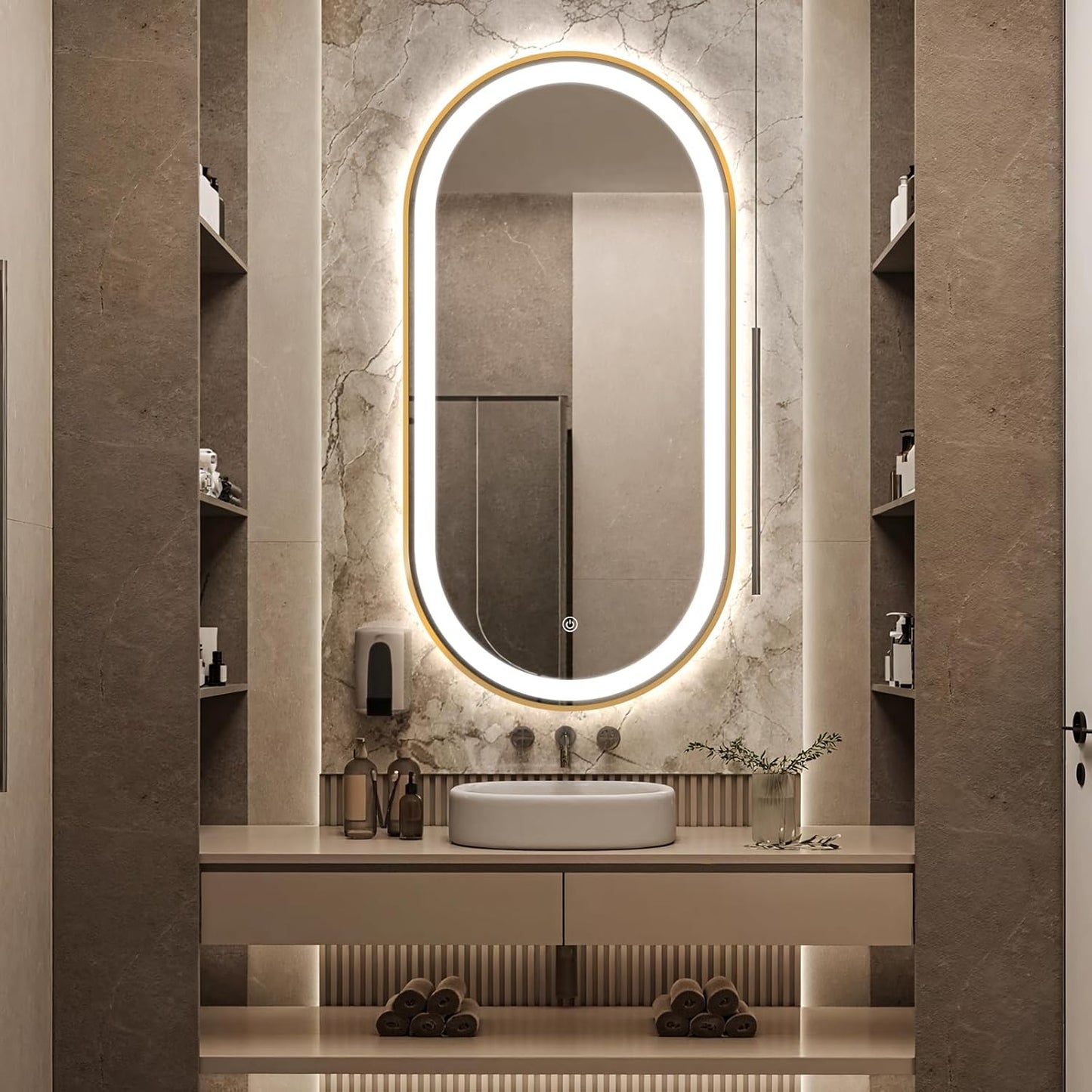 48" x 24" Oval LED Bathroom Mirror with Lights, Gold Metal Framed Anti-Fog LED Vanity Mirror, Lighted Bathroom Mirrors Wall Mounted, Stepless Dimmable, Shatter-Proof, Horizontal/Vertical