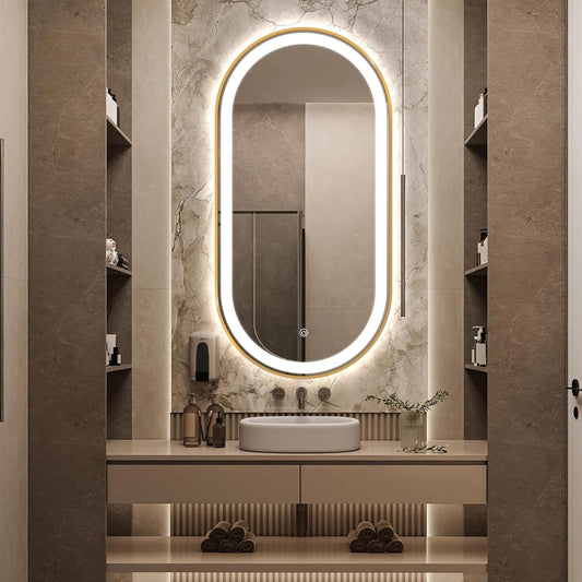 48" x 24" Oval LED Bathroom Mirror with Lights, Gold Metal Framed Anti-Fog LED Vanity Mirror, Lighted Bathroom Mirrors Wall Mounted, Stepless Dimmable, Shatter-Proof, Horizontal/Vertical