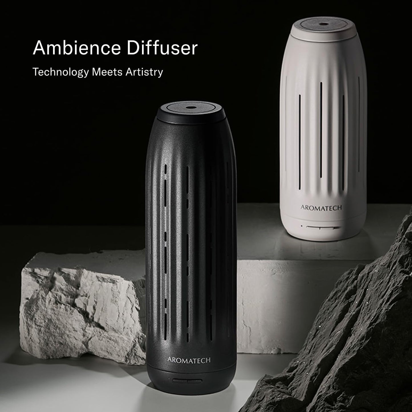 AromaTech Ambience Mini Scent Diffuser for Essential Oil Blends & Fragrances – Waterless Scent Machine w/Bluetooth for Smaller Spaces, Bathroom, Office, More - 600 Sq Ft – Charcoal Acrylic