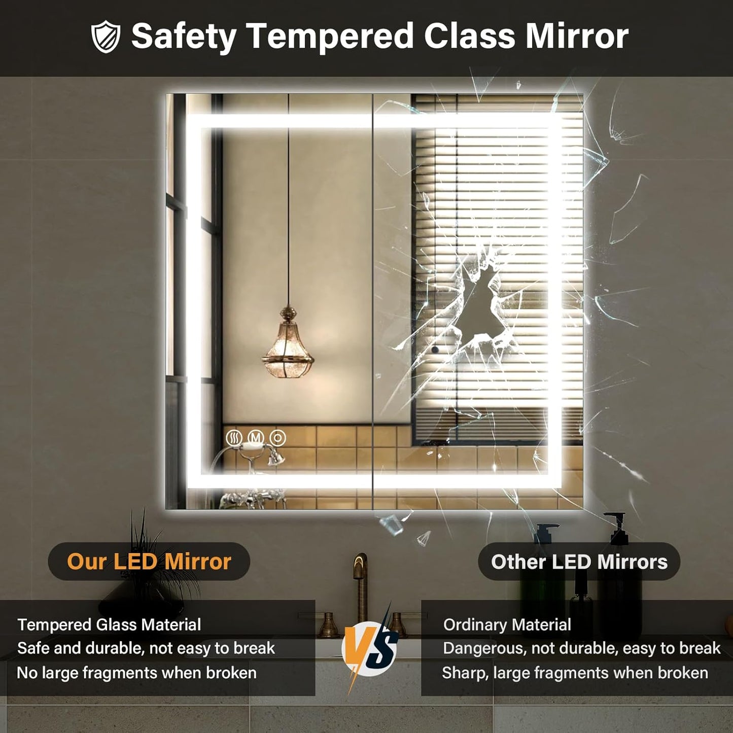 40"x 40" LED Bathroom Mirror, Backlit + Front Lit, LED Bathroom Mirror with Lights for Wall, 3 Colors, Anti-Fog, Dimmable Brightness, Memory Function, Tempered Glass