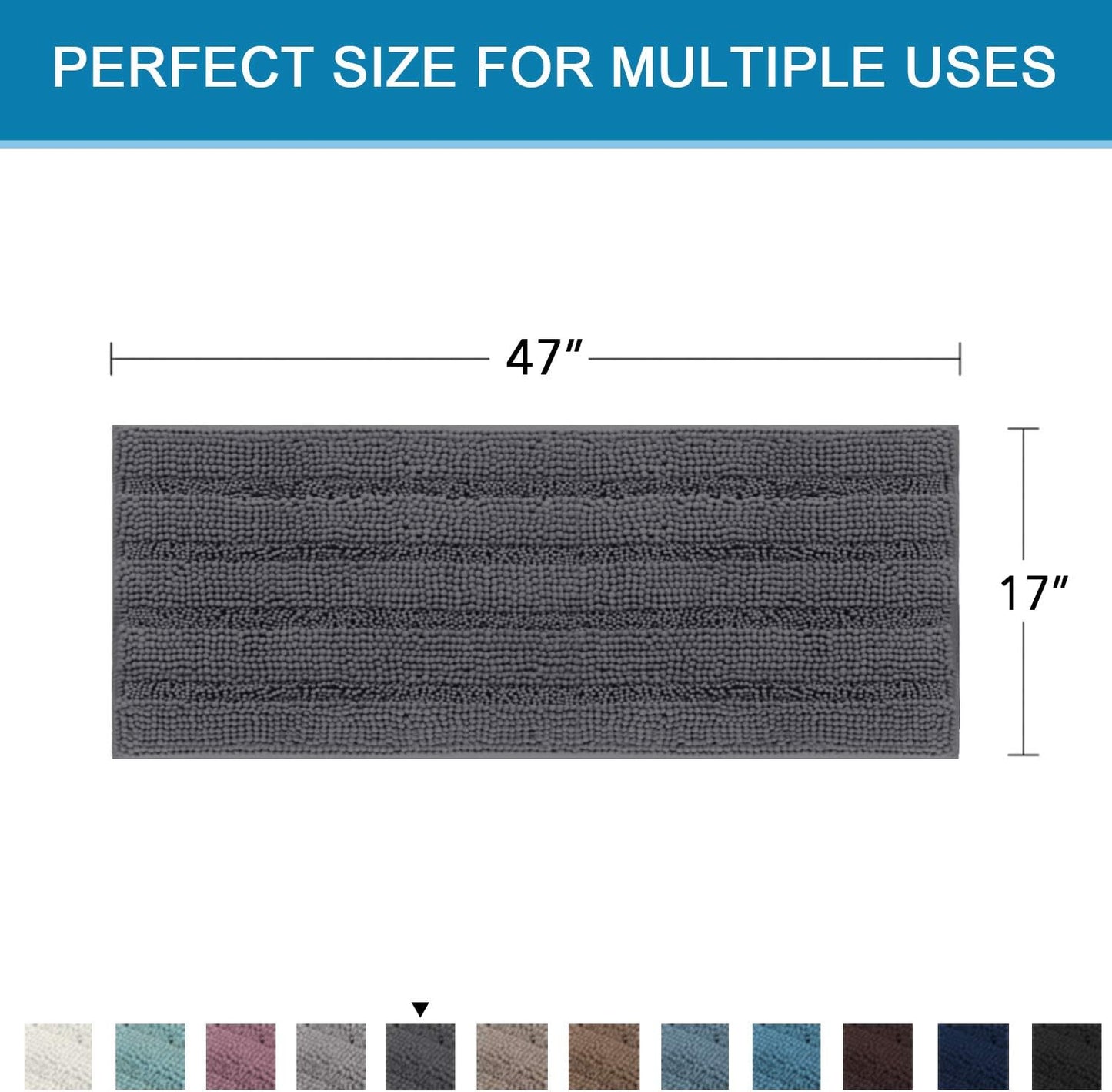 H.VERSAILTEX Bath Rugs for Bathroom Non Slip Bath Mats Extra Thick Chenille Striped Bath Rug Runners 47" x 17" Absorbent Fluffy Soft Shaggy Mats Dry Fast Plush Area Carpet for Bath Room - Grey