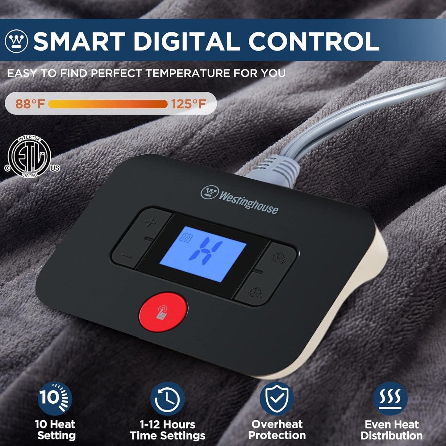 Westinghouse Electric Blanket Twin Size, Super Cozy Soft Flannel 62"" x 84"" Heated Blanket with 10 Fast Heating Levels & 1-12 Auto-Off, Machine Washable, ETL&FCC Certification, Charcoal