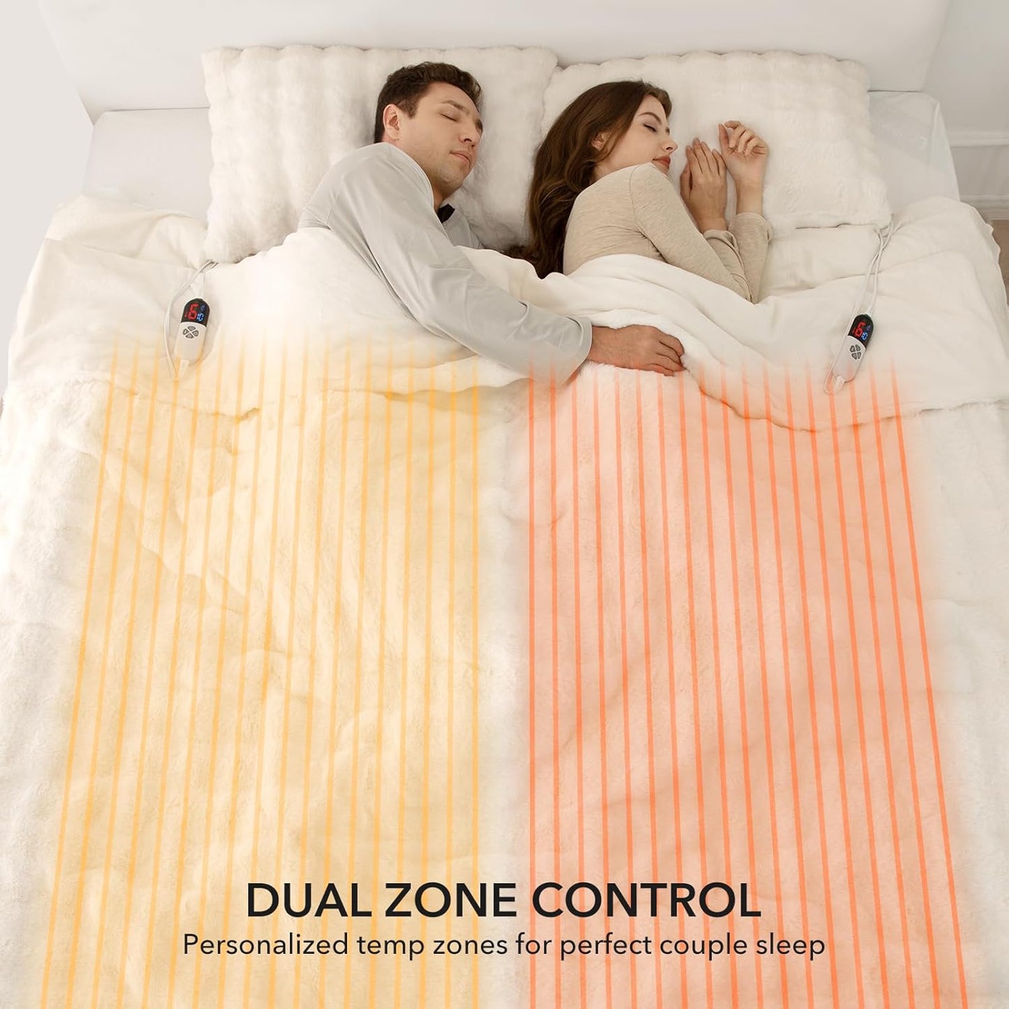 Faux Rabbit Fur Bubble Heated Blanket King Size White - Fluffy Thick King Size Electric Blanket with Dual Control, 6 Heating Levels & 10 Timer Settings, ETL Certified, Home Decor (100" x 90")