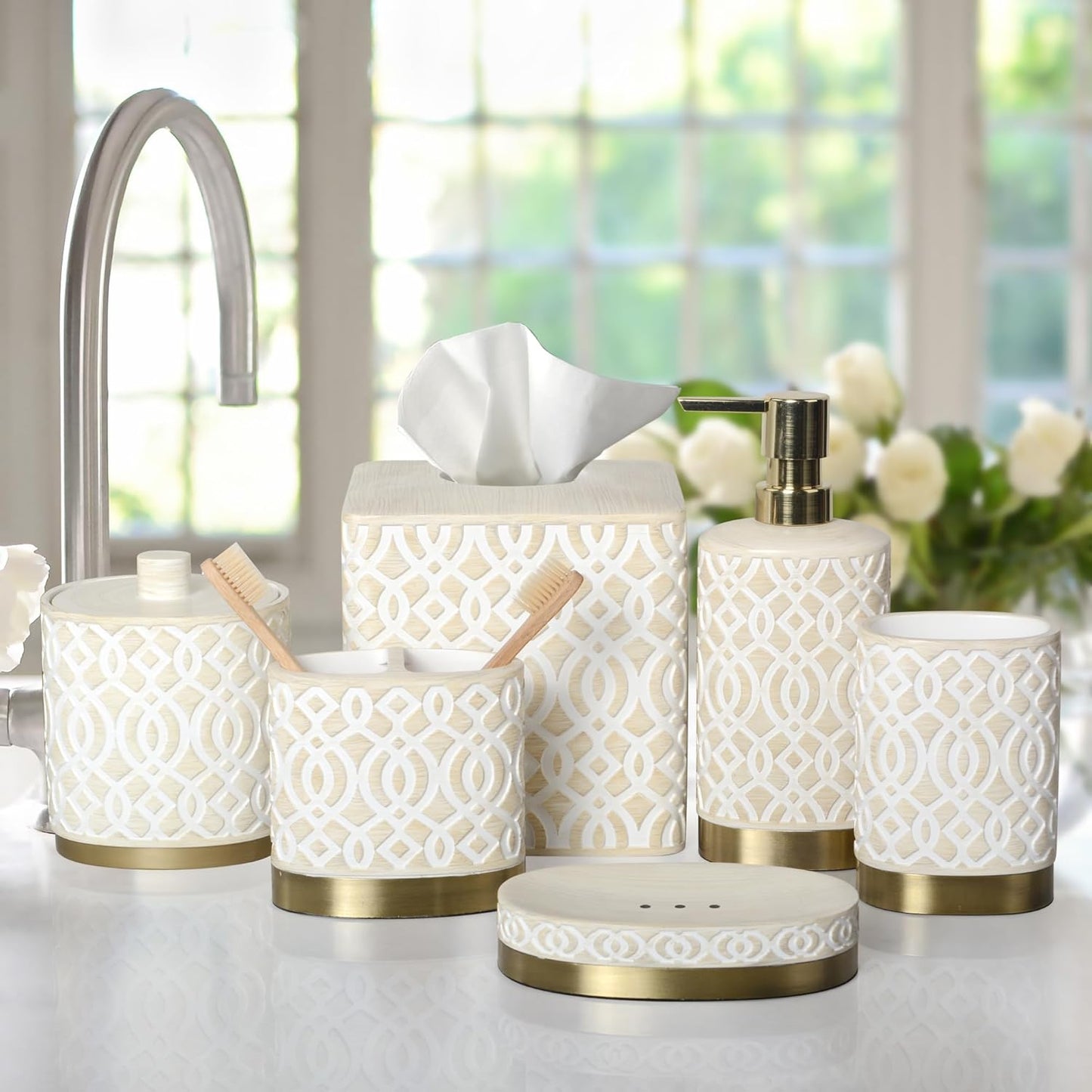 6-Piece Bathroom Accessories Set – Soap Dispenser, Toothbrush Holder, Tumbler, Soap Dish, Cotton Swab Jar & Toilet Brush – Modern Bathroom Decor Set (Solana)