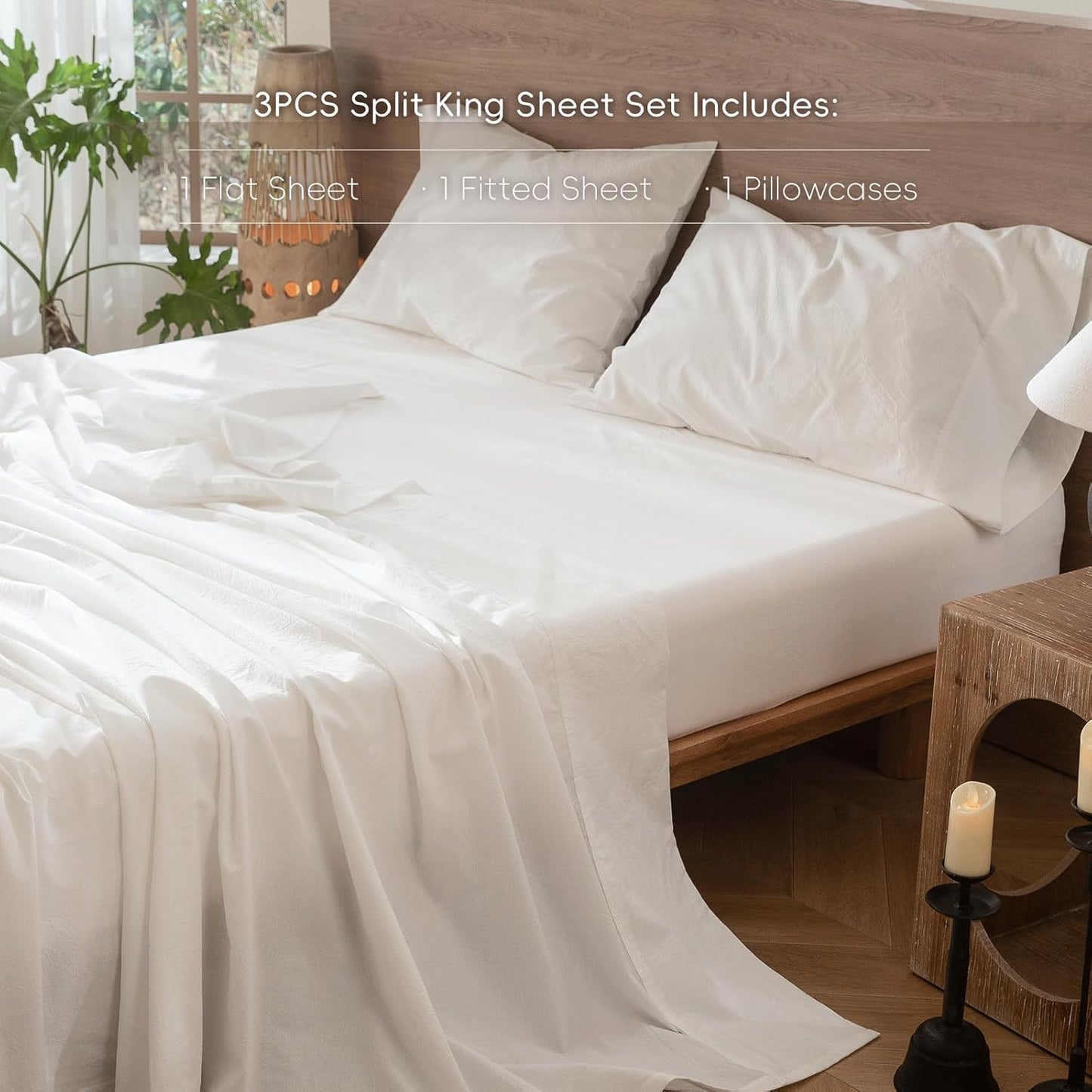 MooMee Bedding Sheet Set 100% Washed Cotton Linen Like Textured Breathable Durable Soft Comfy (Solid Off White, Twin XL)