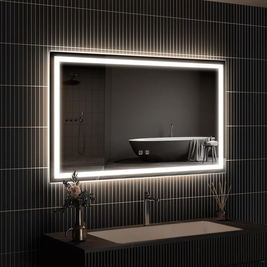 APRILSOUL 48x30 Inch LED Bathroom Mirror with Front and Backlit, Makeup Mirror with 3 Color Lights, Memory Function, Anti-Fog and Dimmable Light (Horizontal)