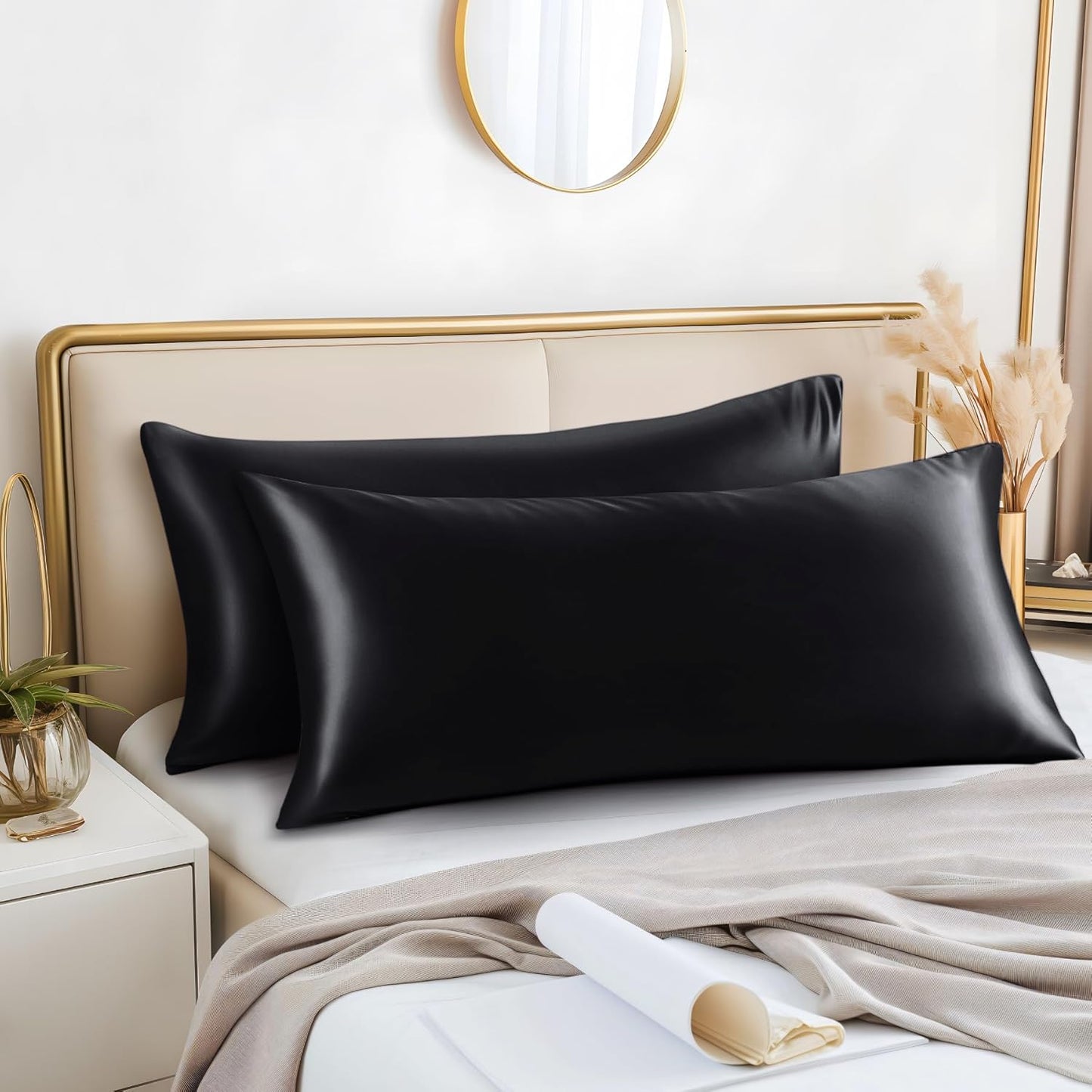 BEDELITE Satin Body Pillow Cover 2 Pack, Super Soft and Cooling Body Pillow Pillowcase for Hair and Skin, Breathable Silky Full Long Pillowcase Cover(20"x54", Black)