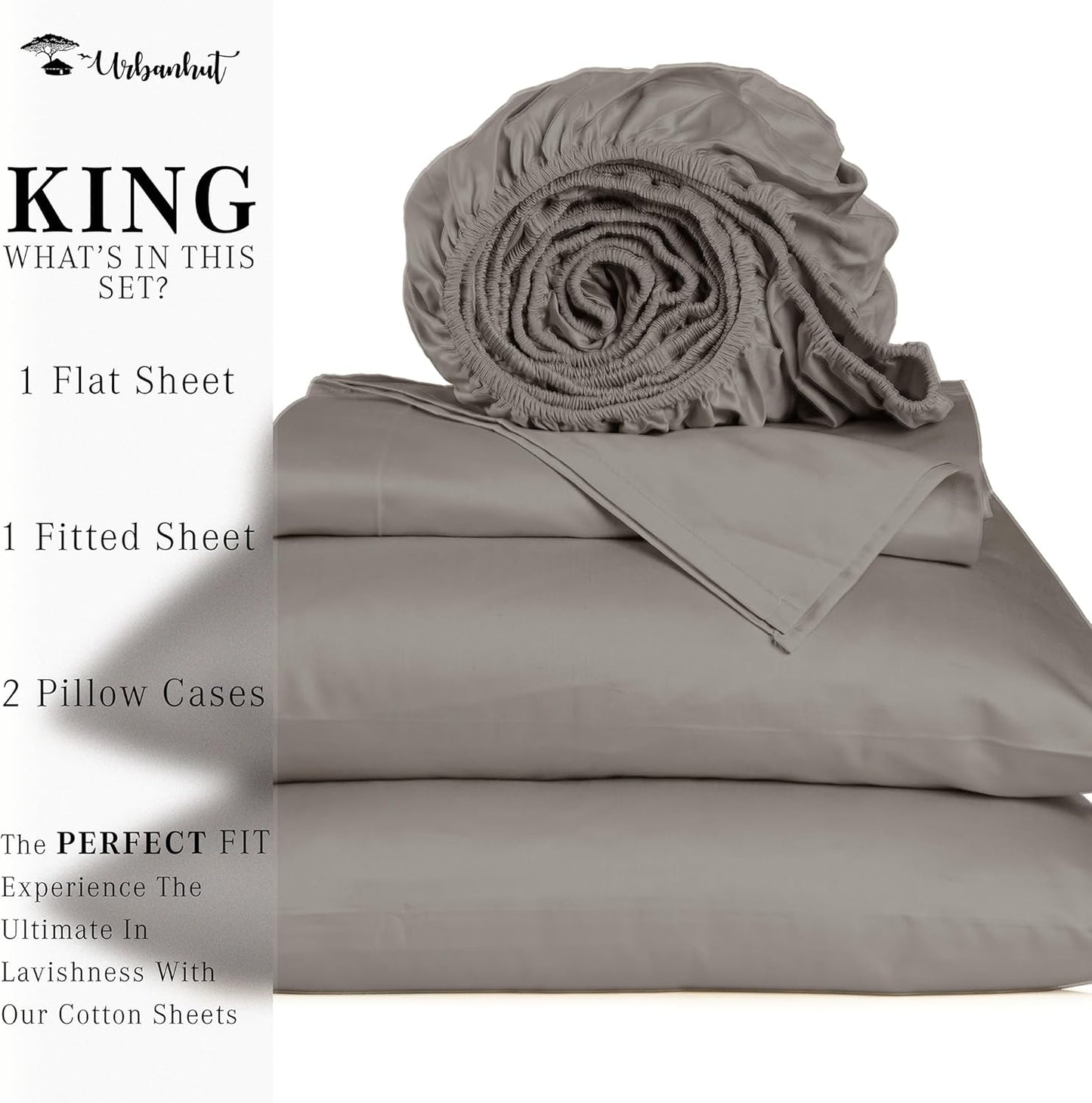 URBANHUT 1000 Thread Count Egyptian Cotton Sheets King Size, Long Staple Soft & Breathable, 4 Pc Bed Sheet Sets, Luxury Hotel Sateen Sheets Fits 16" Deep Pocket - Dark Grey