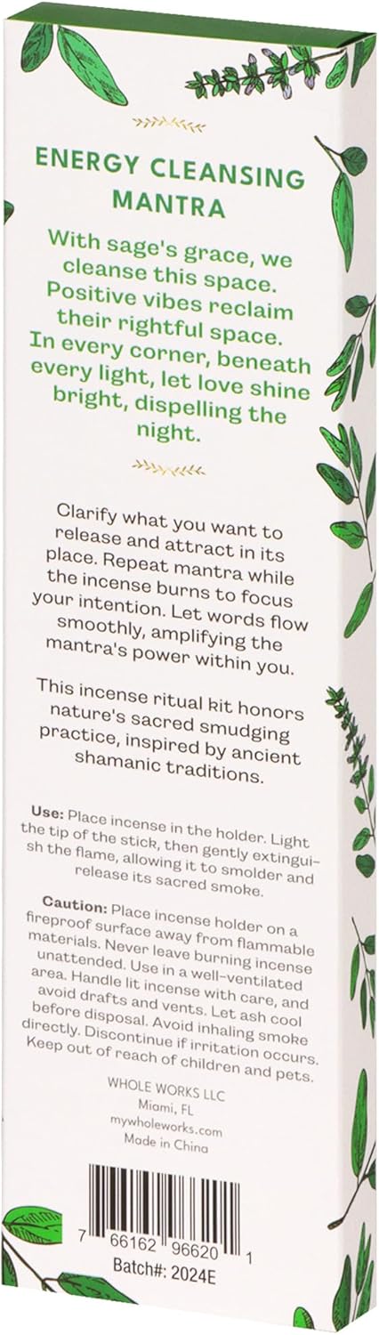 Premium Sage Incense Sticks with Energy Cleansing Engraved Wood Holder - Charcoal Free, Clean, Non Toxic - Negative Energy Protection, Purification - New Home Spiritual Smudging Incenses, 30 Sticks