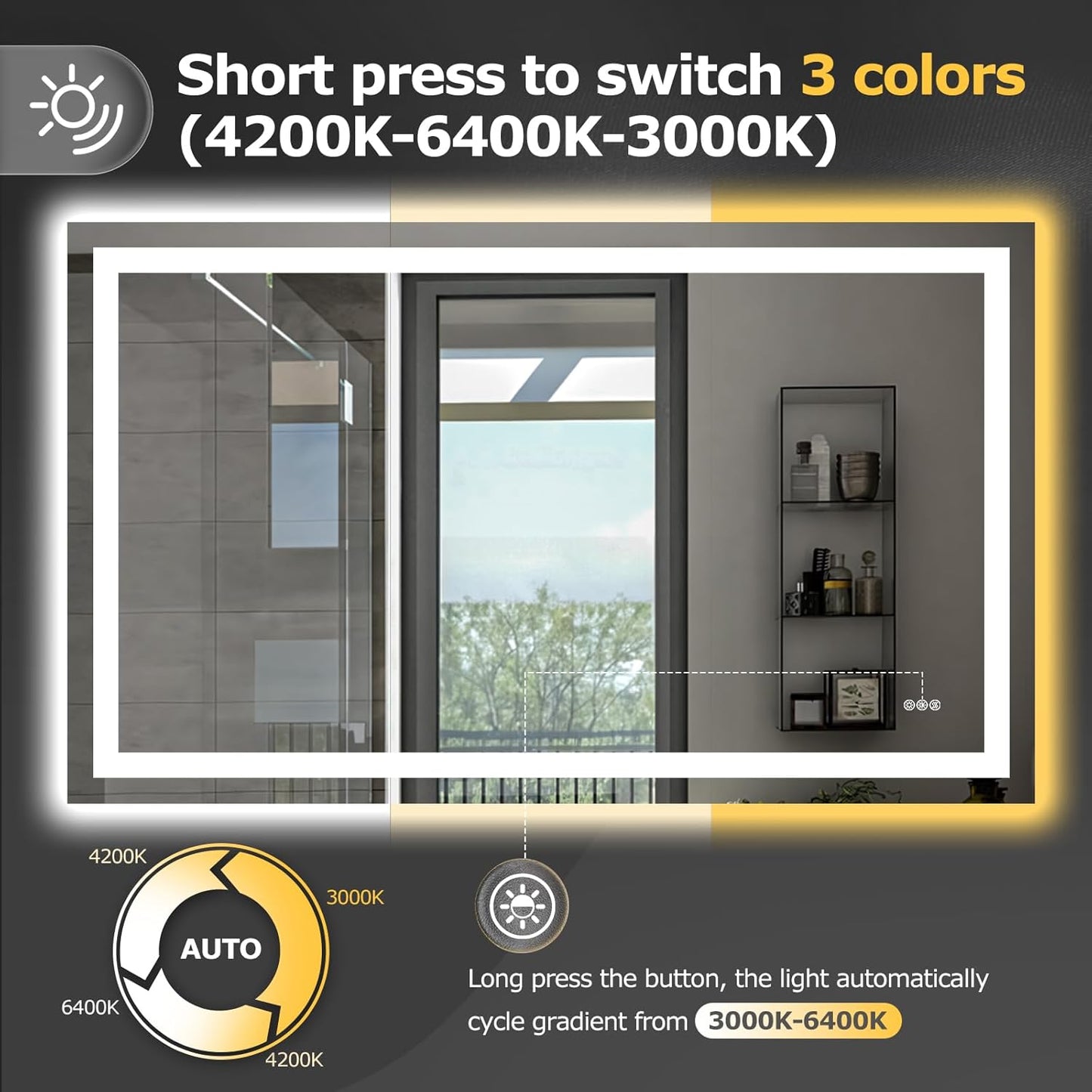 60X36 LED Bathroom Mirror with Lights, Anti-Fog, Dimmable, Backlit + Front Lit, Smart Bathroom Vanity Mirror, Memory Function, Shatterproof, Tempered Glass (Horizontal/Vertical)