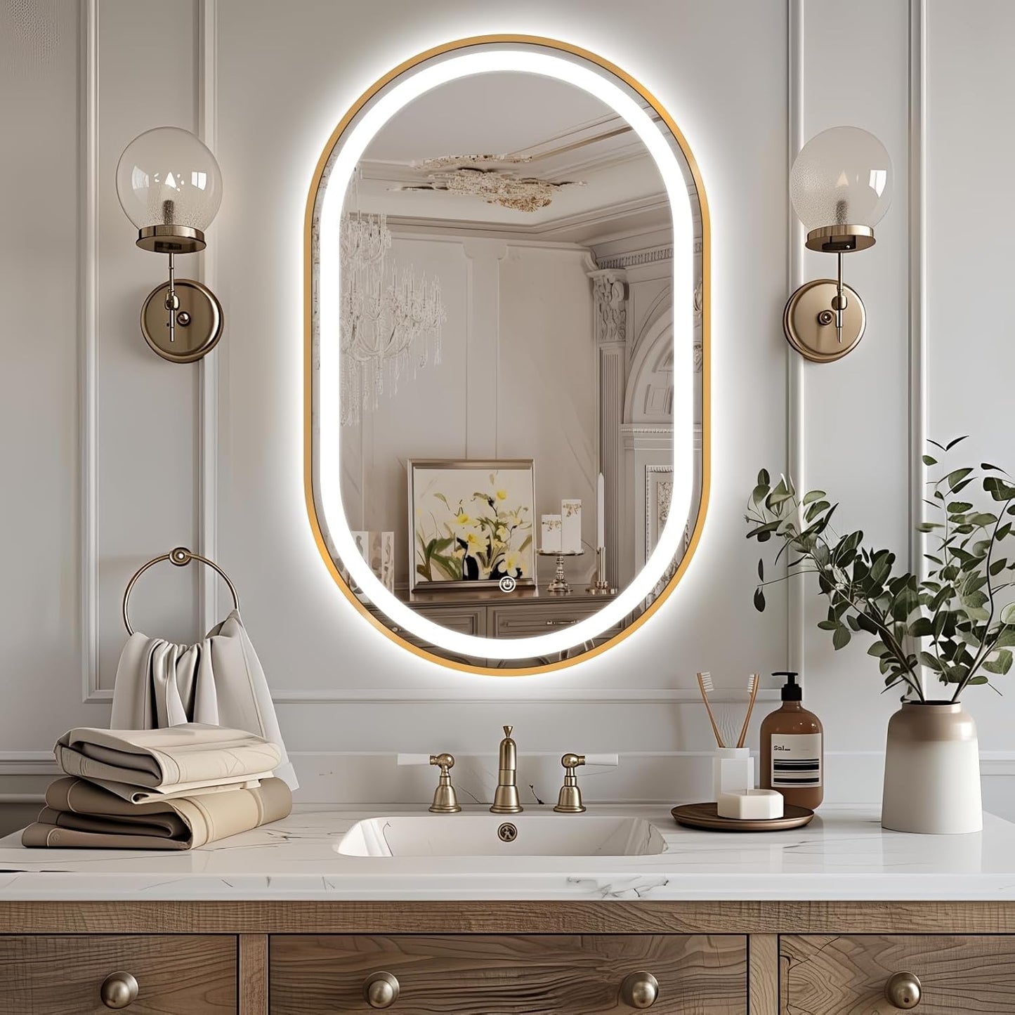 Oval LED Bathroom Mirror, 32"x20" Lighted Wall Mounted Vanity Mirror with Metal Frame, Anti-Fog IP66 Waterproof Smart Mirror, Memory Function, (Horizontal or Vertical), Gold