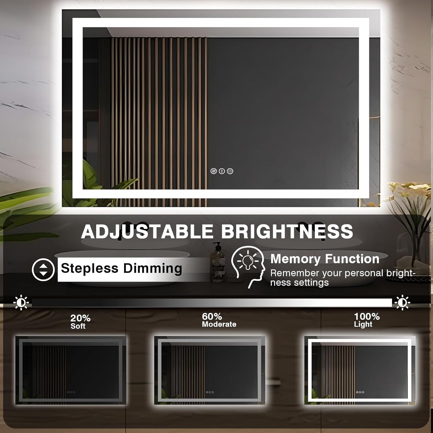 55"x36" LED Bathroom Mirrors for Wall, Front and Backlit Mirror, Anti-Fog Light up Mirror, Stepless Dimmable Lighted Mirror, 3 Colors Smart (Horizontal/Vertical)