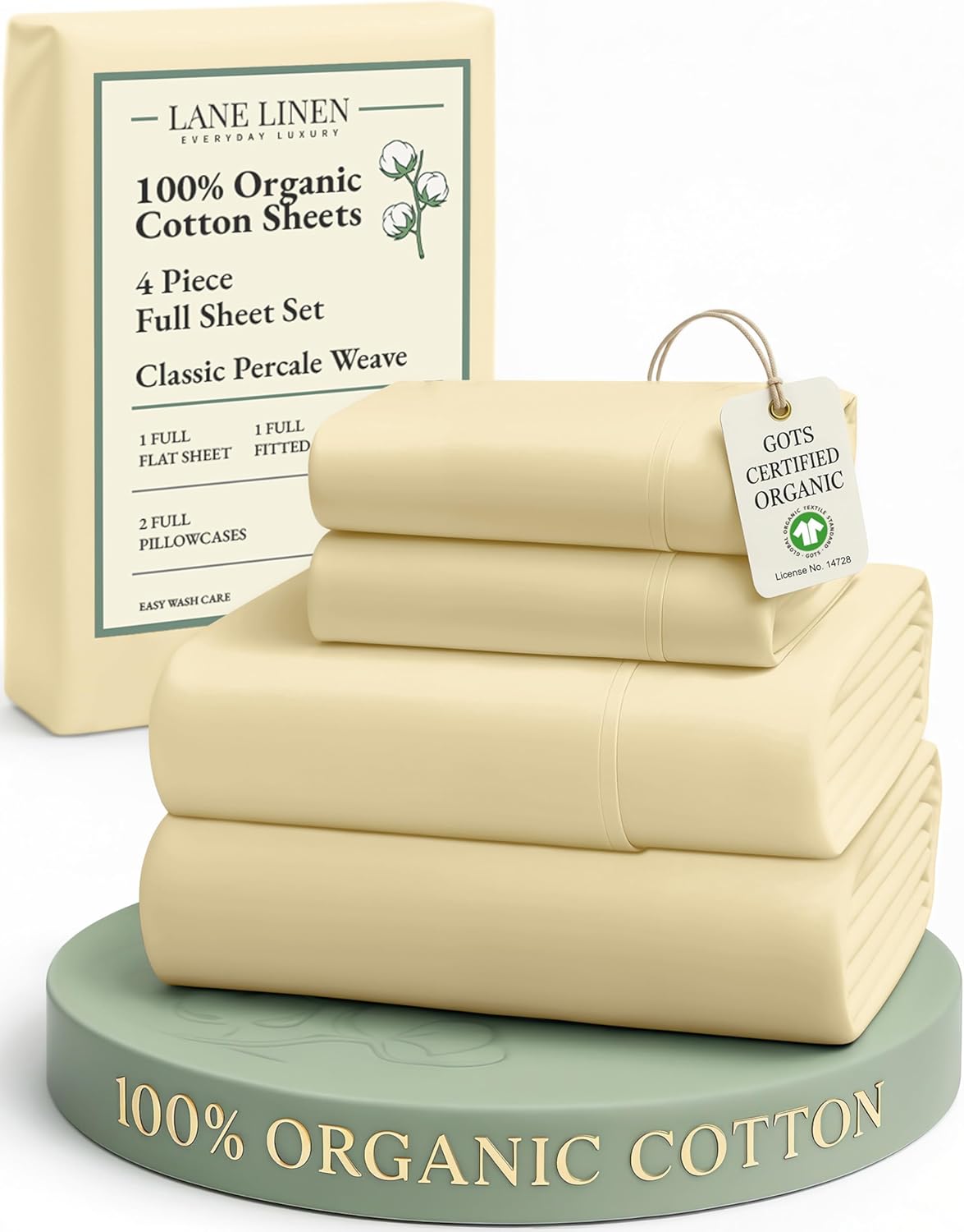 LANE LINEN 100% Organic Cotton Full Size Bed Sheets, Sustainably Produced Okeo Tex Certified Cotton Sheets Full, Luxury Hotel Percale Soft & Comfy Comes in Variety of Colors- Vanilla