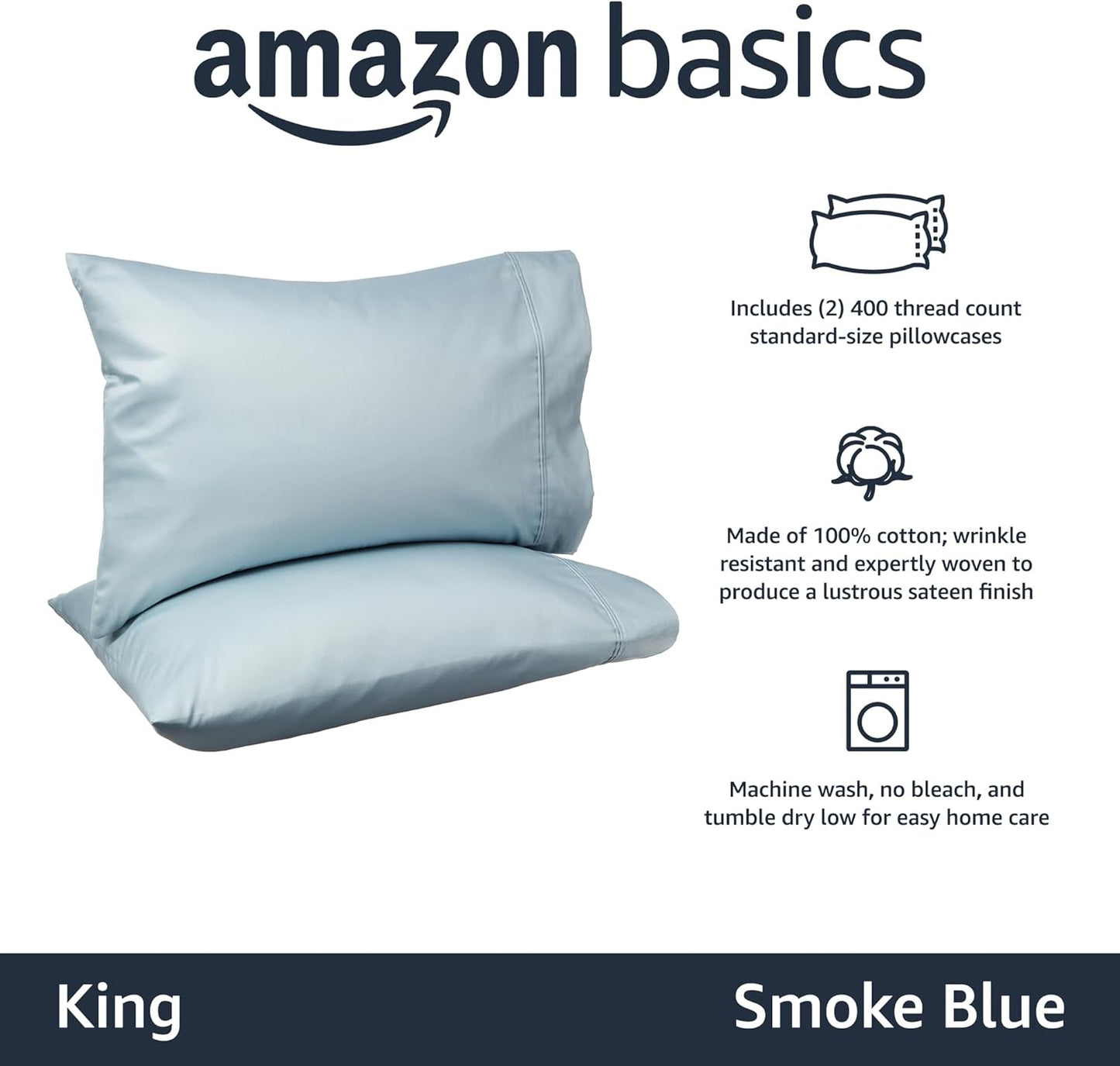 Amazon Basics 400 Thread Count Cotton Pillow Case, King, Smoke Blue - Set of 2, 40"L x 20"W