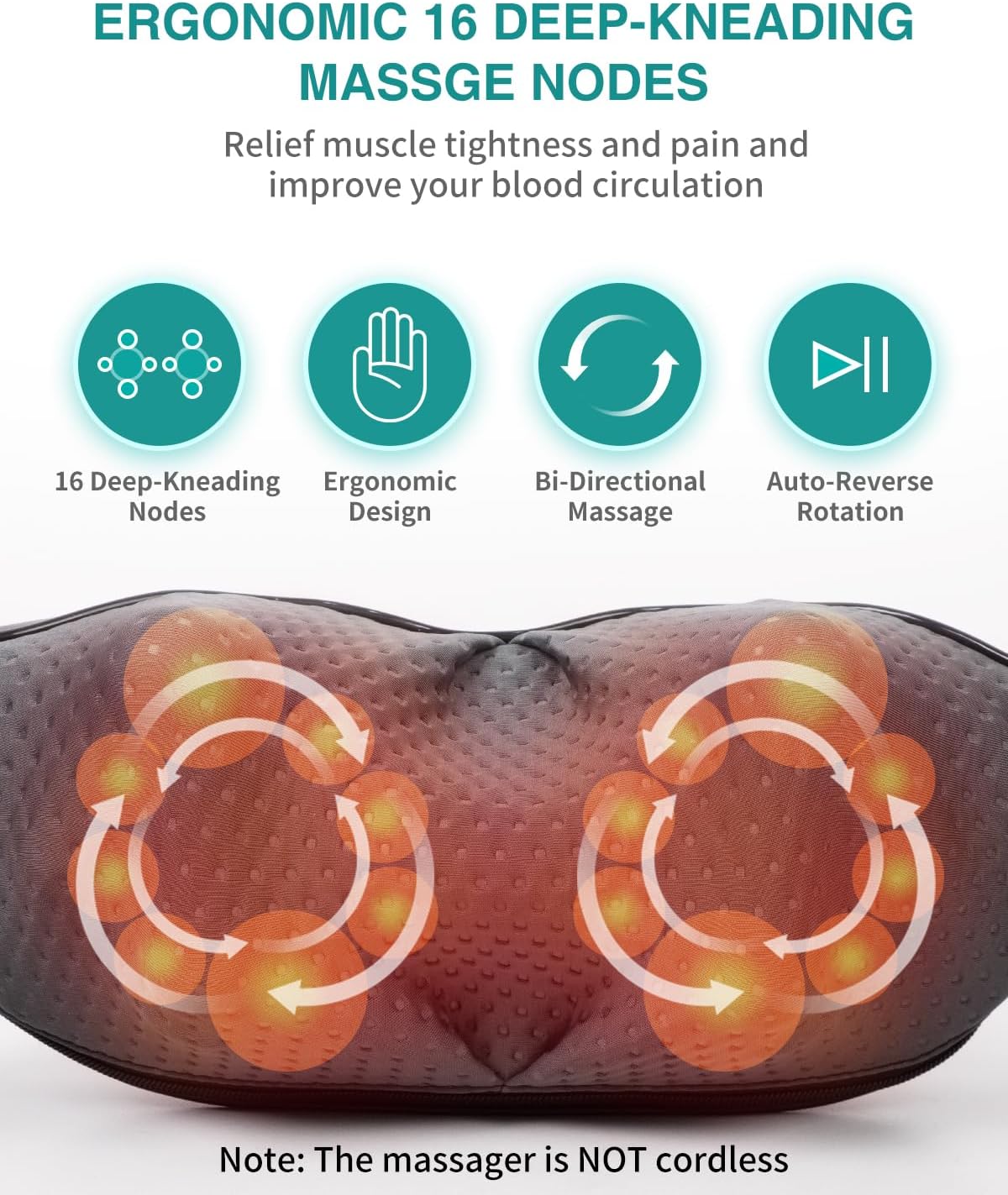 Nekteck Neck Back Massager with Heat, Cordless Shiatsu Shoulder Massager for Pain Relief Deep Tissue, Electric 3D Kneading Massage Pillow for Body Muscle, Gifts for Men Women Dad Mom