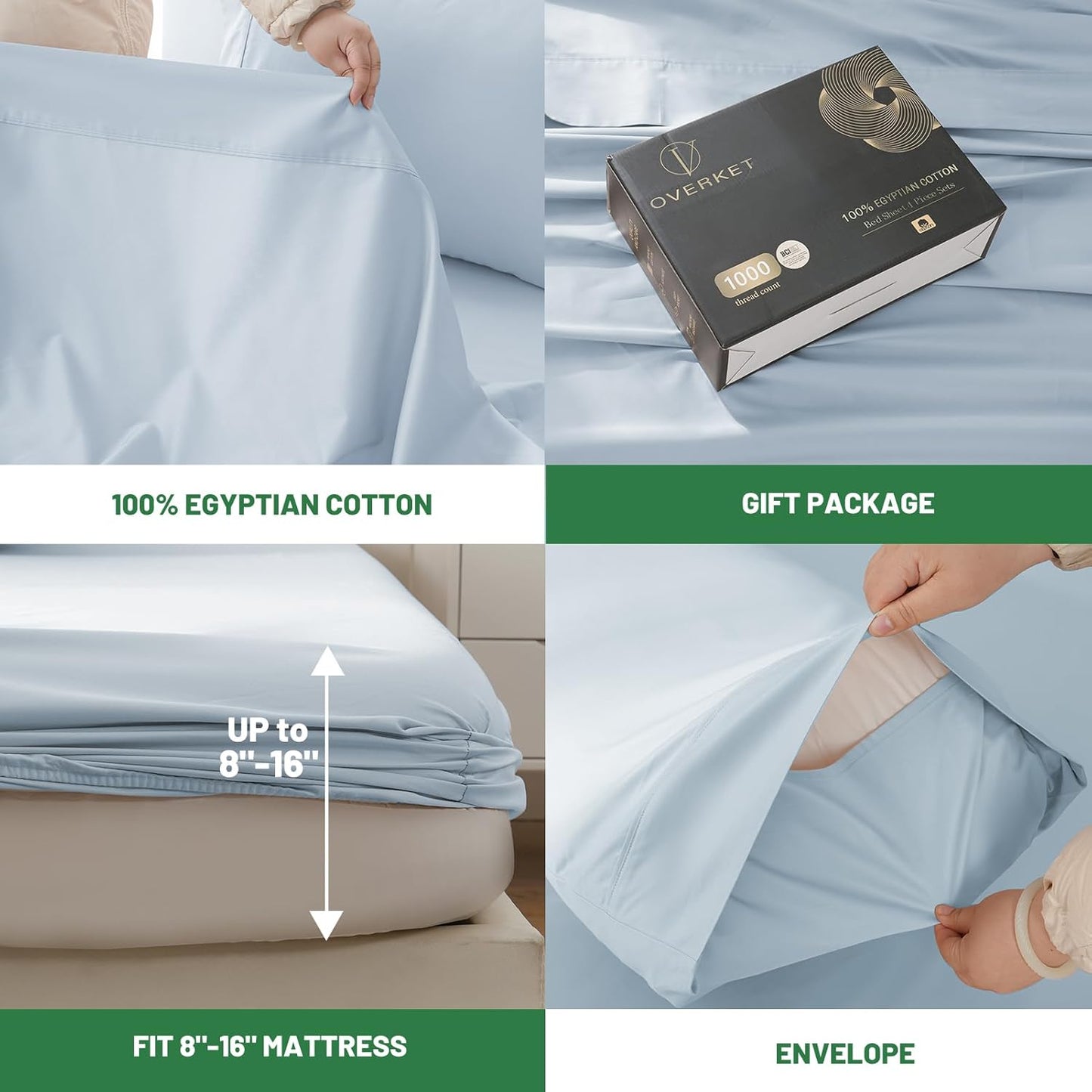 1000 Thread Count Egyptian Cotton Sheets Queen Size Set Sateen Weave Soft Breathable 16-Inch Deep Pocket 4PCS（Queen,Light Blue）