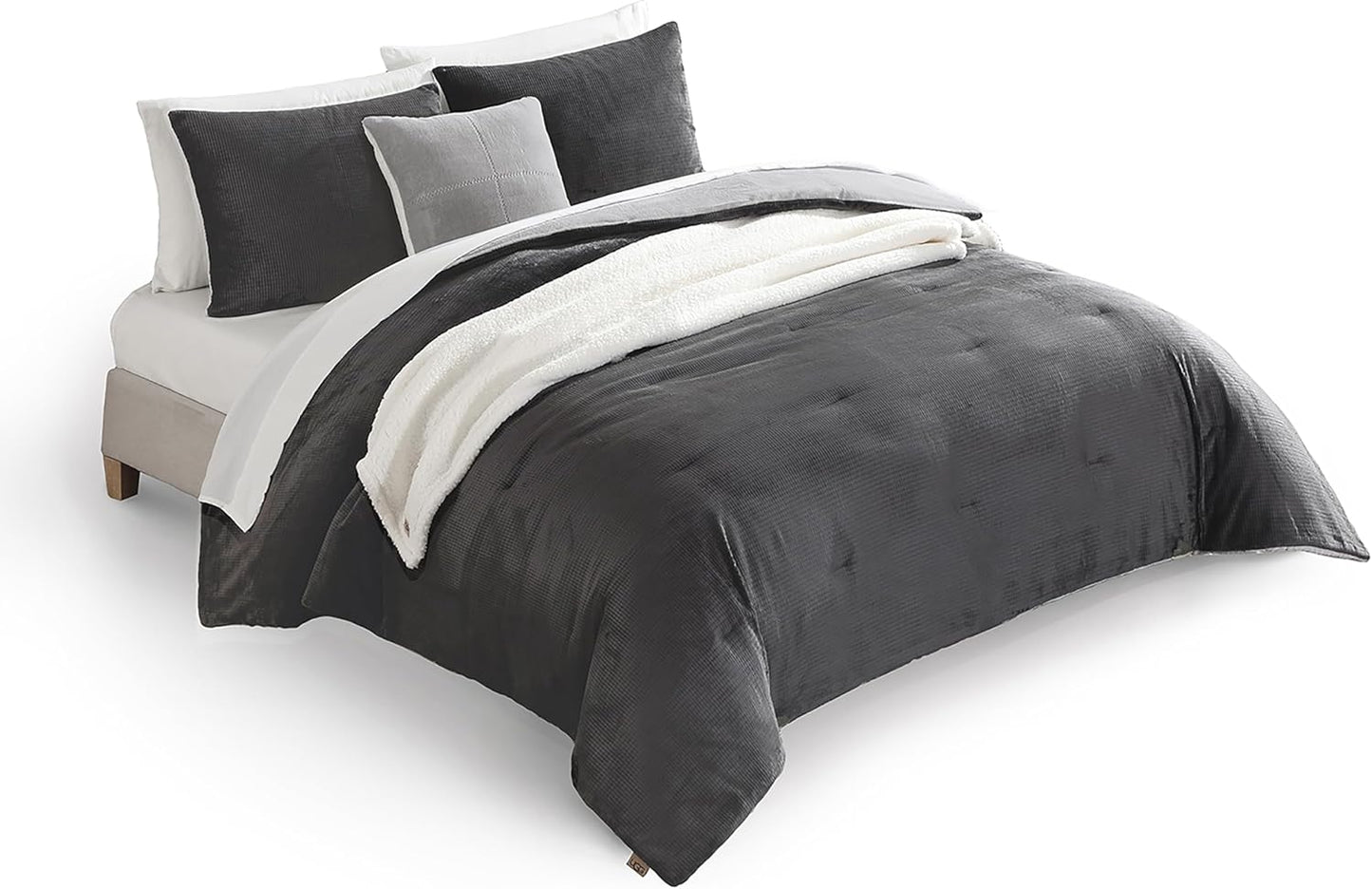 UGG Full/Queen Comforter Set 5 Piece Bed in a Bag with Throw Blanket, Decorative Pillow, Shams, Reversible Hypoallergenic Washable Luxury Warm Fluffy Bedding Set, Charcoal Grey (Remina)