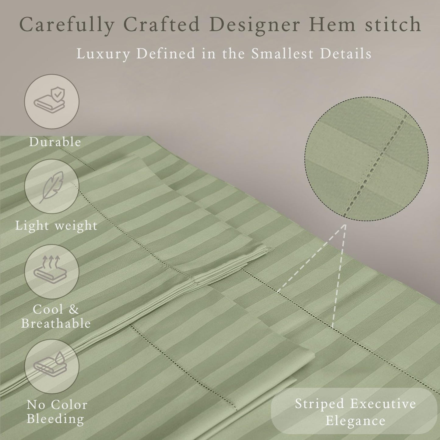 Threadmill 500 Thread Count Twin-XL Size Damask Stripe, 3 Pc Luxury Cotton Sheet Set, Breathable Sage Green Sheets with 15" Elasticized Deep Pocket, 1 Pillowcase & Free Tote Bag