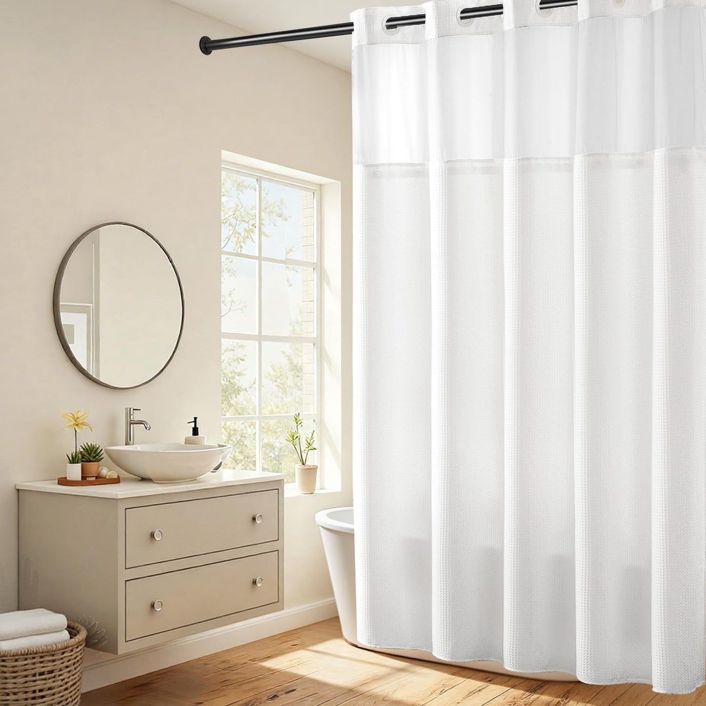 River Dream Heavyweight No Hooks Required Dotted Waffle Weave Shower Curtain with Snap in Liner - 71W x 98H,Hotel Grade,Spa Like Bath Curtain,White