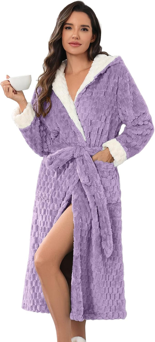 Ekouaer Womens Plush Robes Long Soft Jacquard Fluffy Bathrobe Hooded Robe Sleepwear with Pockets