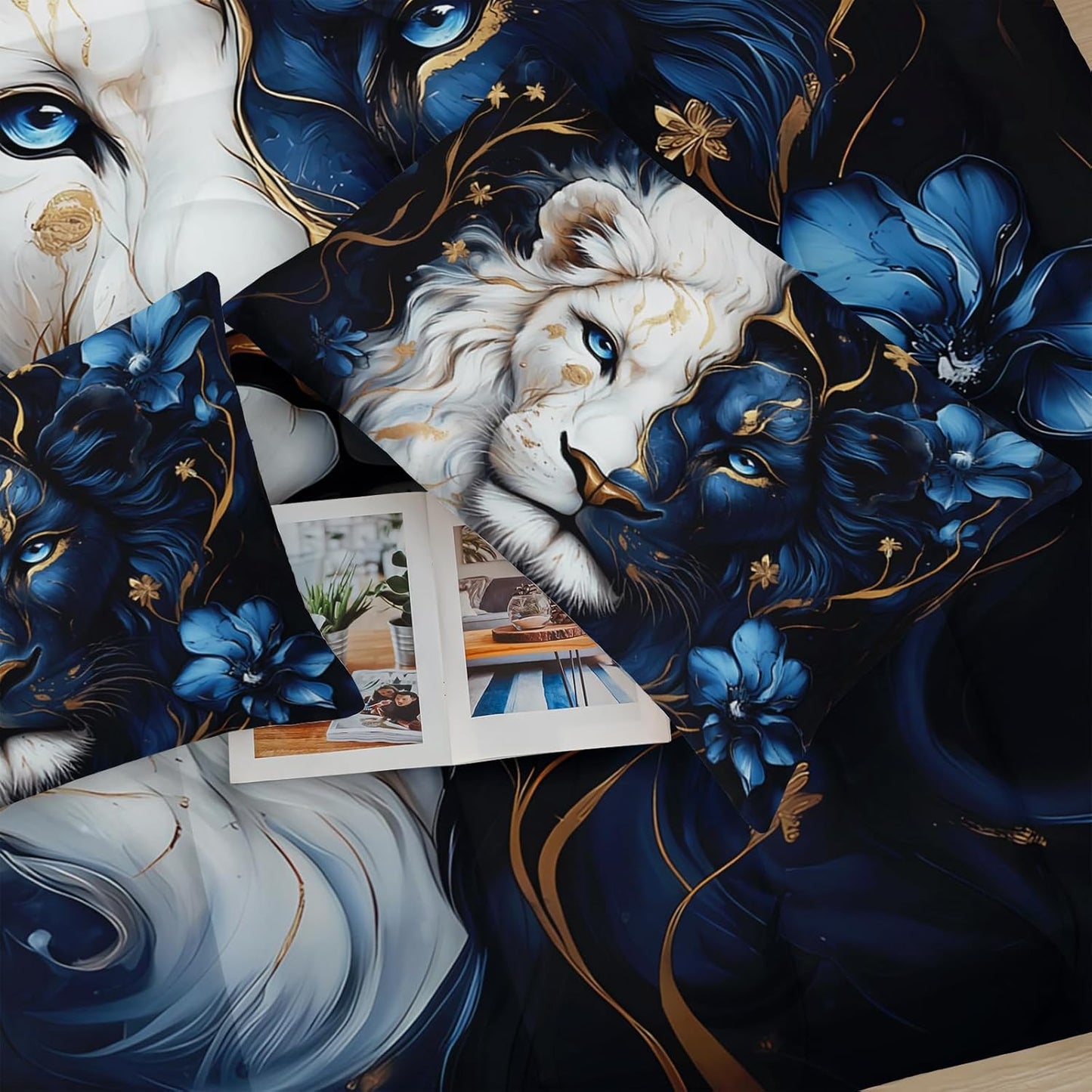 Black and Gold Flower Lion Comforter Set Full Size，Animal Print Full Size Bedding Set for Boy，with 1 Comforter with 2 Pillow Case