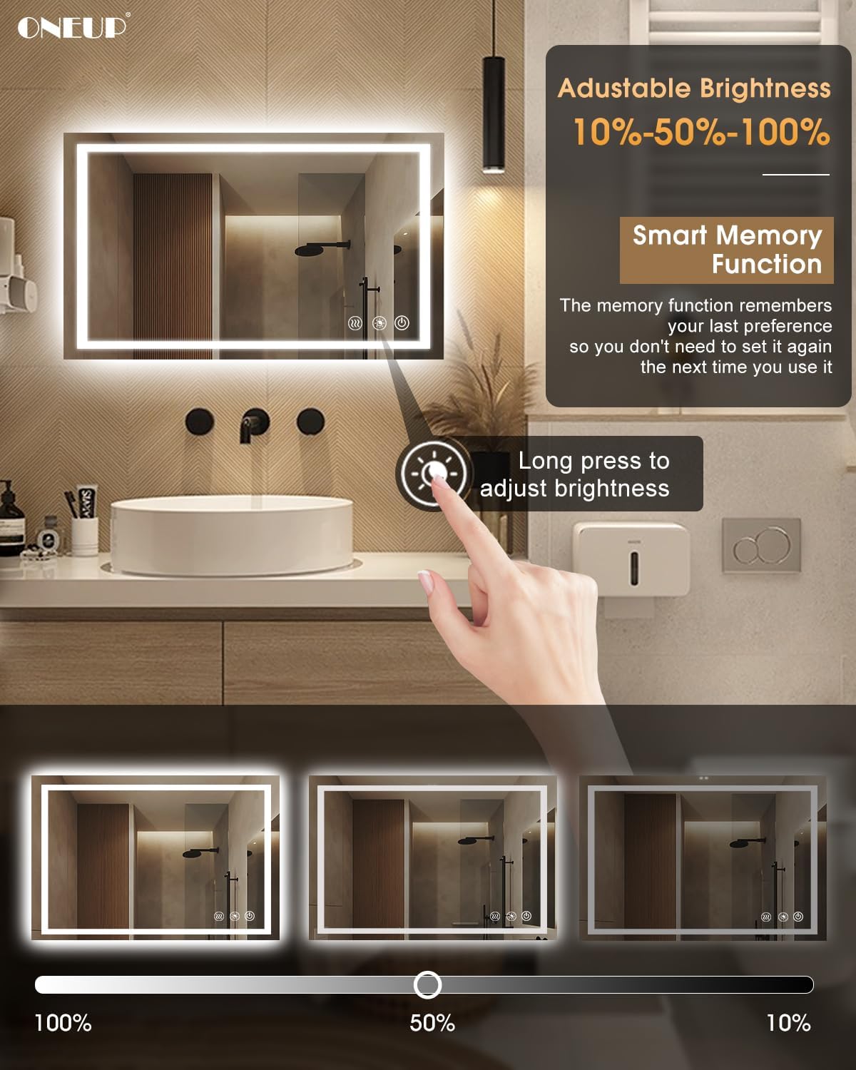 oneup 40x24 Inch LED Bathroom Mirror,RGB Color Changing Bathroom Mirror with Lights,Anti-Fog Wall-Mounted Vanity Mirrors,Smart Dimmable Multicolor Lighted,IP54 Waterproof (Horizontal/Vertical)