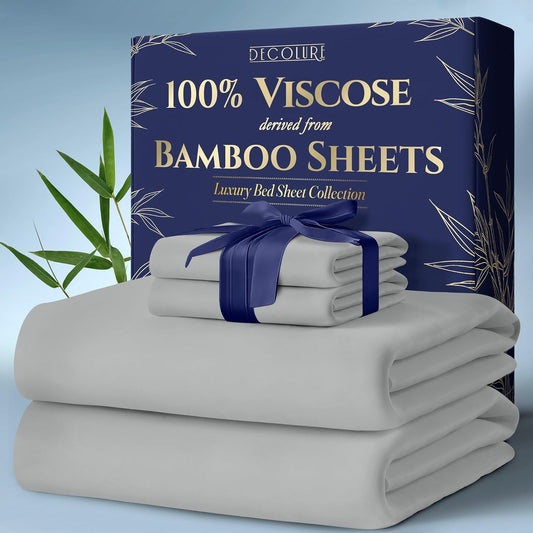 DECOLURE 100% Viscose Derived from Bamboo Sheets Cal King Size 4pcs - Ultra Soft & Luxuriously Cooling, 17" Deep Pocket,Double Stitching,Perfect for Hot Sleepers - King Bed Sheets (Light Grey)