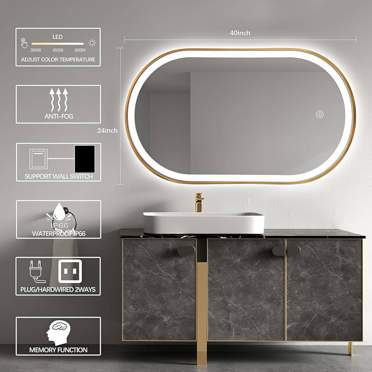 40"x24" Oval LED Bathroom Mirror with Lights, Gold Anti Fog Lighted Vanity Mirror Wall Mounted, Stepless Dimmable LED Oval Mirror, Memory, ShatterProof, Front/Backlit, Horizontal/Vertical