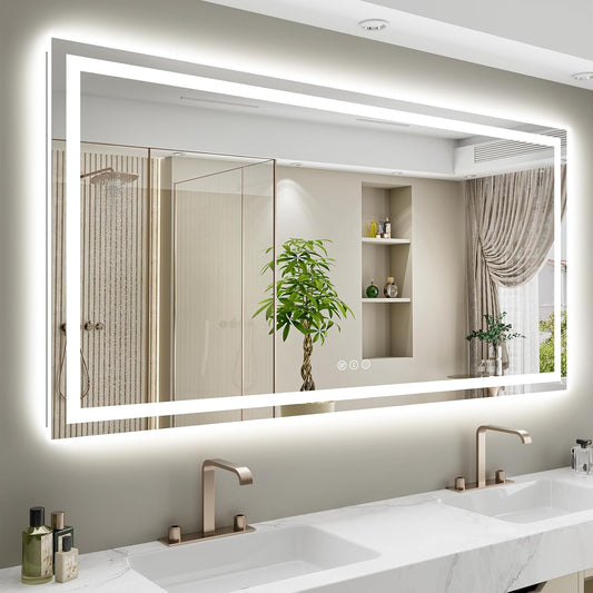 68x40 Inch LED Bathroom Mirror with Lights Front and Backlit Lighted Vanity Mirror for Bathroom Wall with 3 Colors Dimmable Anti-Fog Memory Shatter-Proof IP54 Waterproof Horizontal/Vertical
