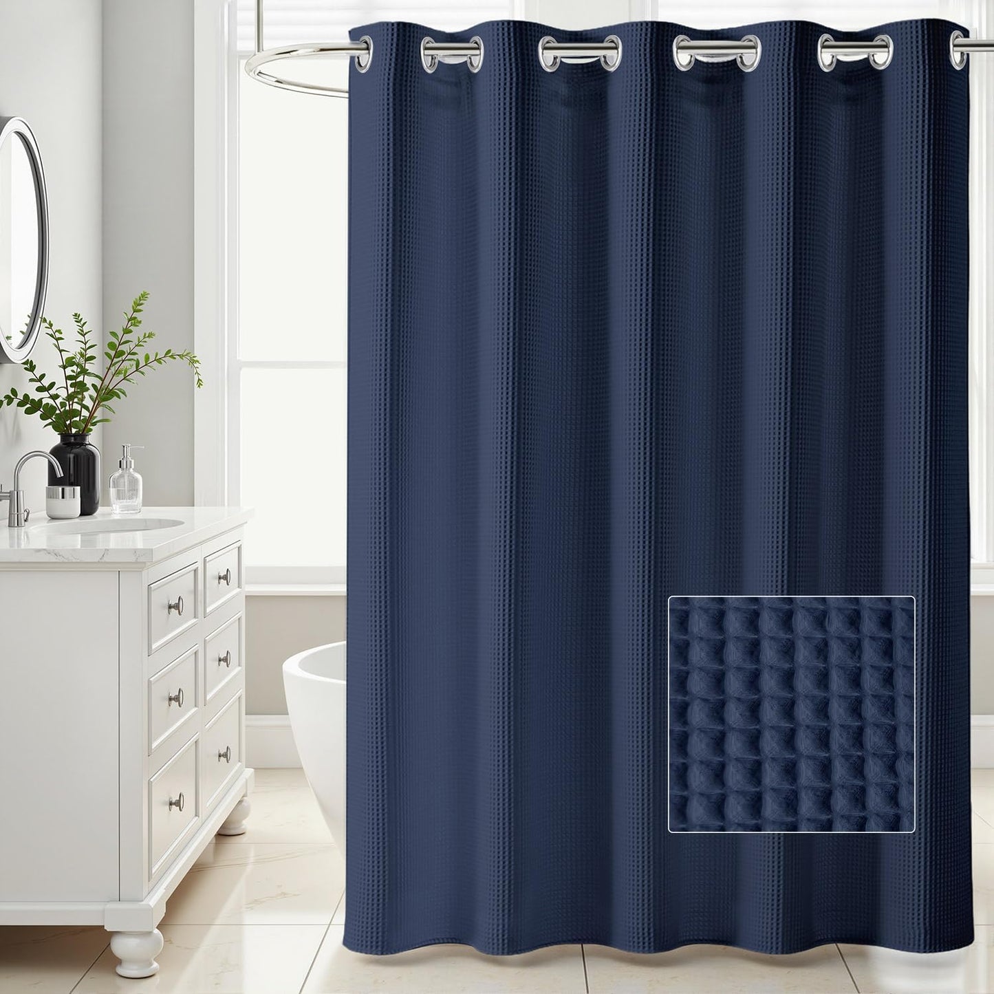 River Dream Waffle No Hook Shower Curtain with Snap-in Liner,Cotton Blend, Shower Curtain with Liner Set,Navy Blue,71 x 74 inches