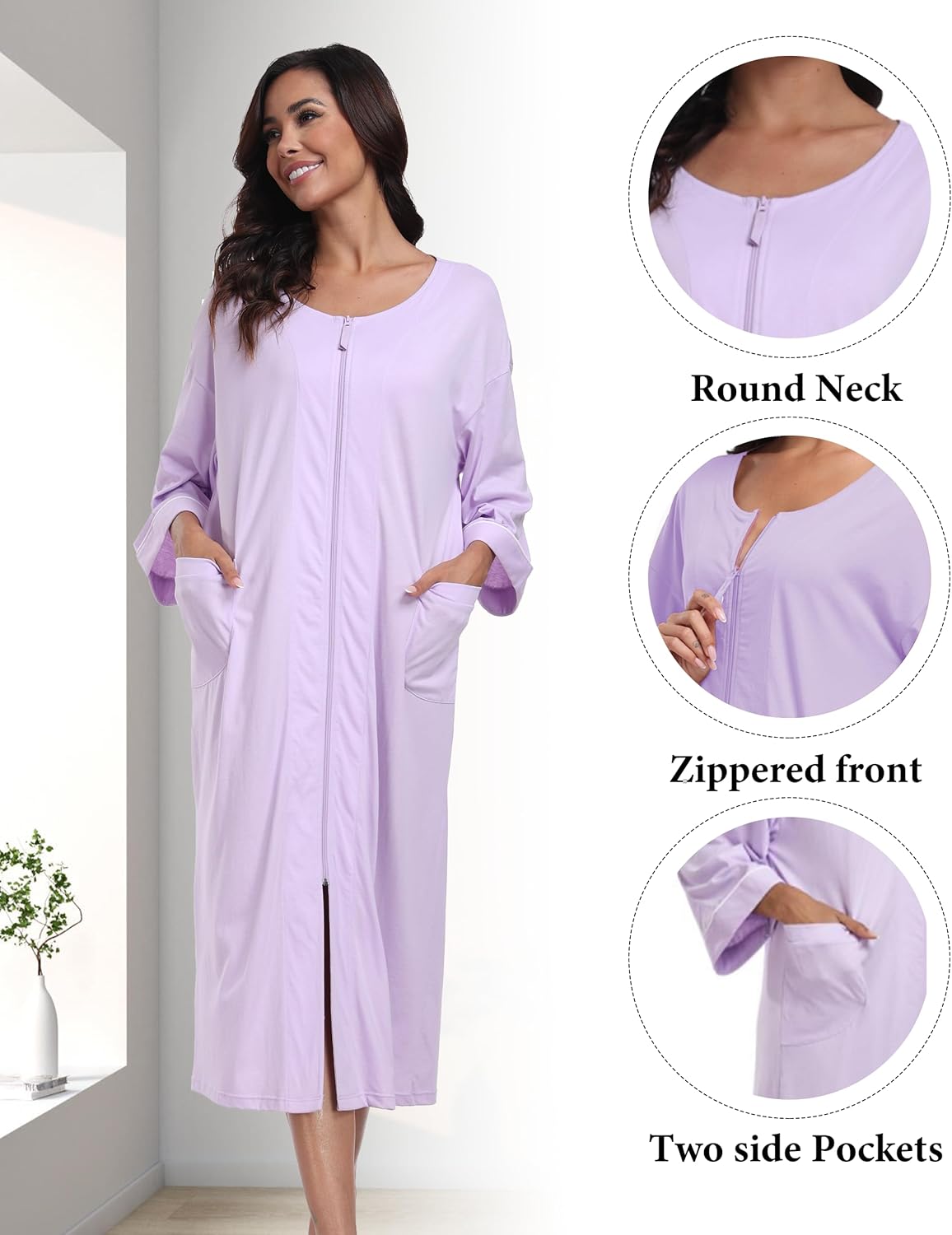 ANLIQI Women's 100% Cotton Robes Long Zipper Front House coats 3/4 Sleeve Bathrobes Lightweight Full Length Robe with Pockets
