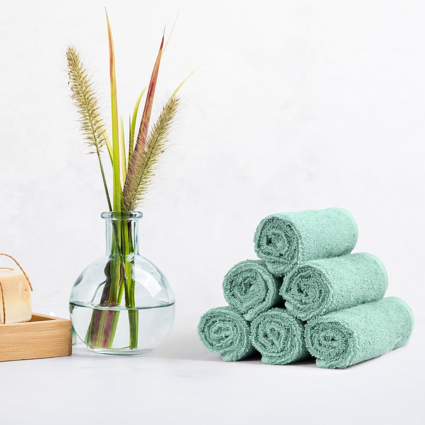 Amazon Basics Washcloth for bathroom, 100% Cotton Extra Absorbent , Fast Drying - salon towels - 24-Pack Seafoam Green, 12 x 12 inches