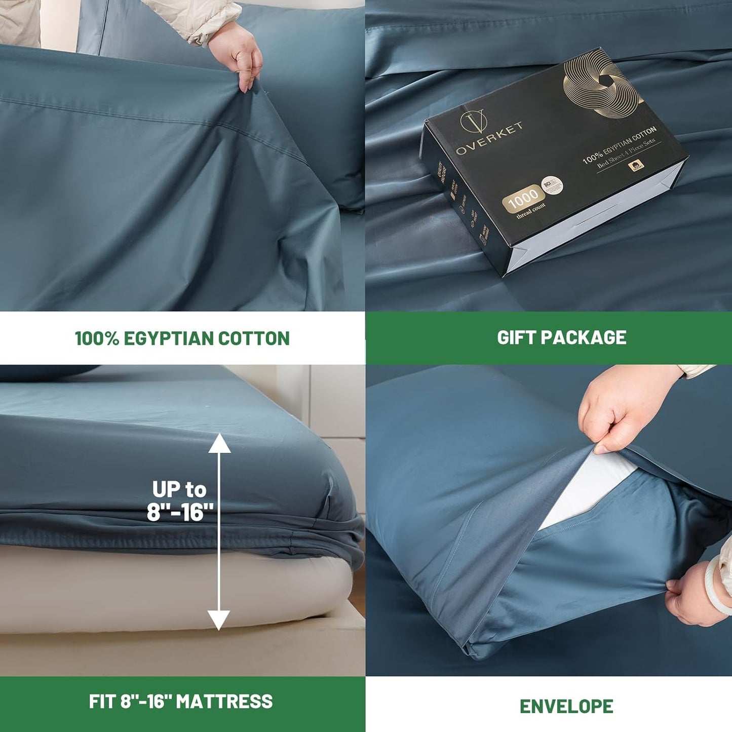 1000 Thread Count Egyptian Cotton Sheets Queen Size Set Sateen Weave Soft Breathable 16-Inch Deep Pocket 4PCS（Queen,Dusty Blue）