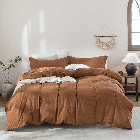 100% Washed Cotton Dark Orange Duvet Cover Oversize Queen Size Bedding Set Cover 1 Duvet Cover with Zipper Closure Plus 2 Pillowcases, 98inch x 98inch