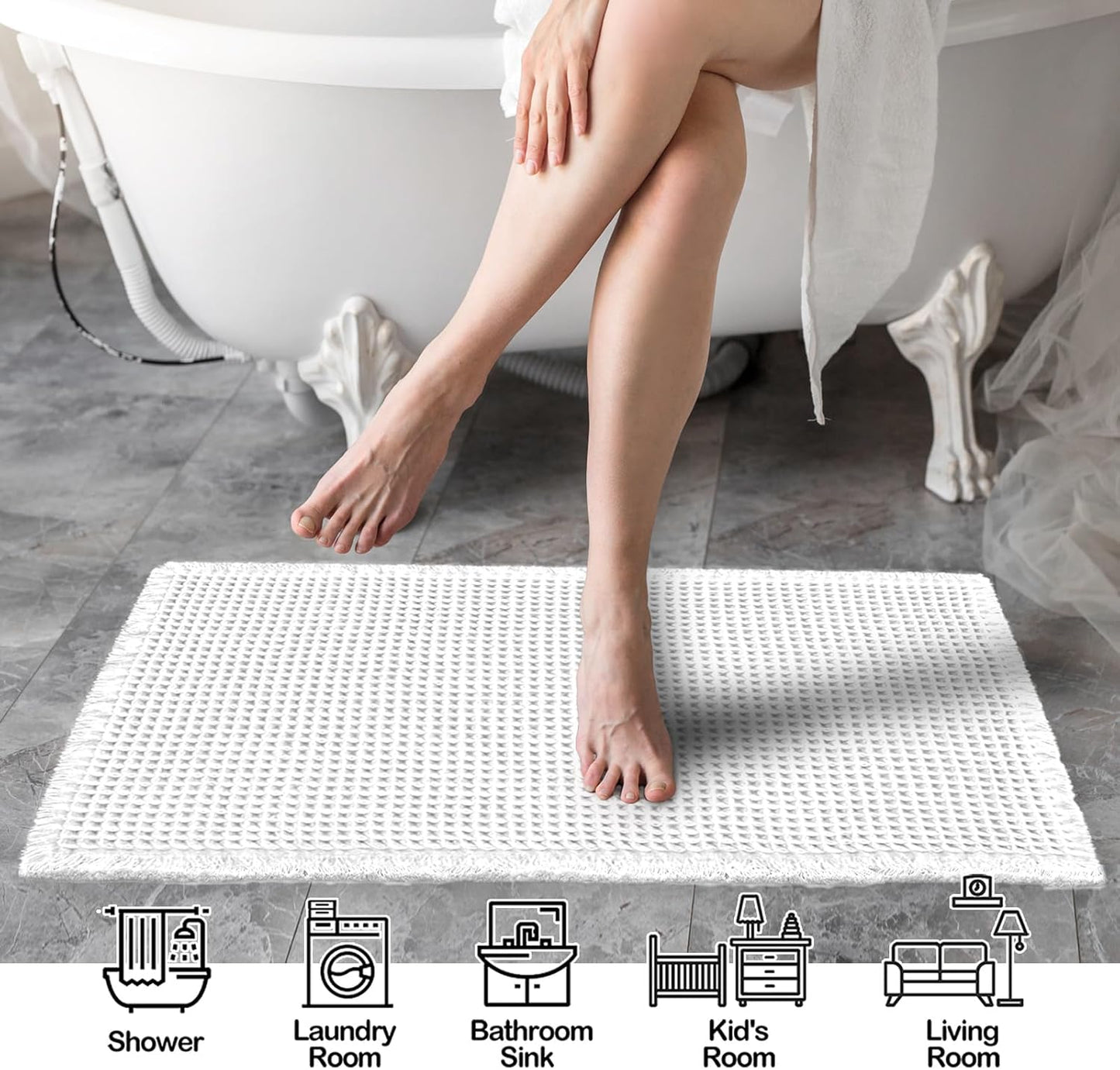 ZALL Waffle Bath Mat White Super Absorbent Non Slip Bathroom Rug 24X60inch,Machine Washable Ultra Soft Floor Mats