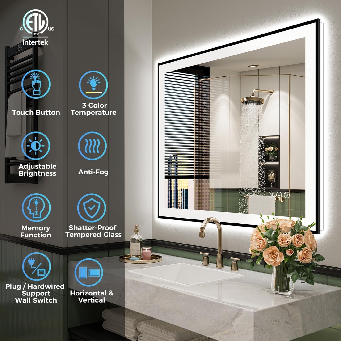 24x30 Inch LED Bathroom Mirror with Lights (Front Lit and Backlit) Black Framed Lighted Vanity Mirror for Bathroom Wall Dimmable Anti-Fog Memory Tempered Glass Horizontal/Vertical